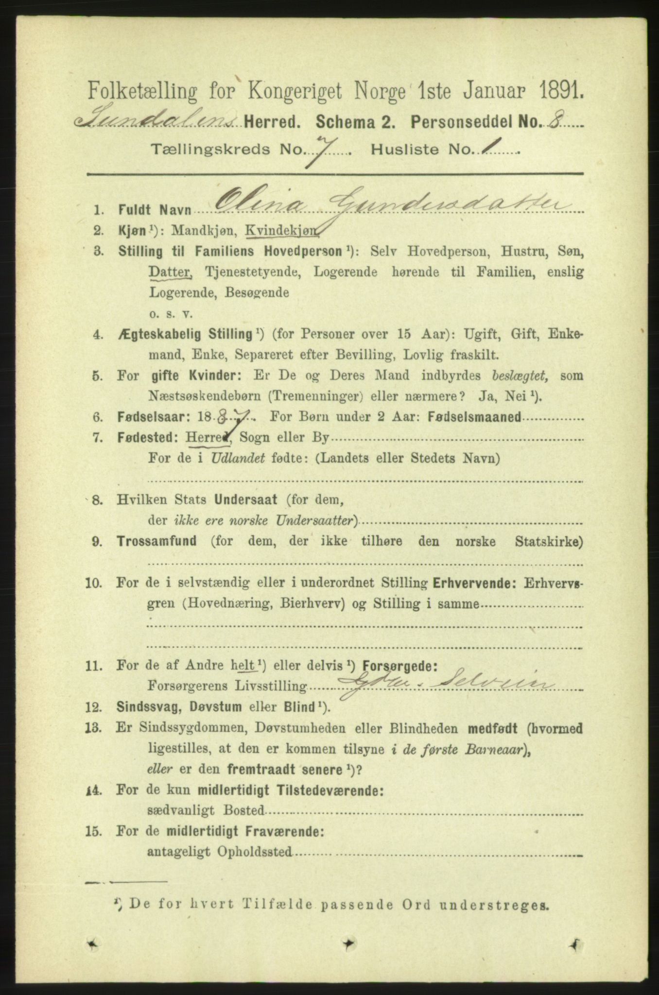 RA, 1891 census for 1563 Sunndal, 1891, p. 1801