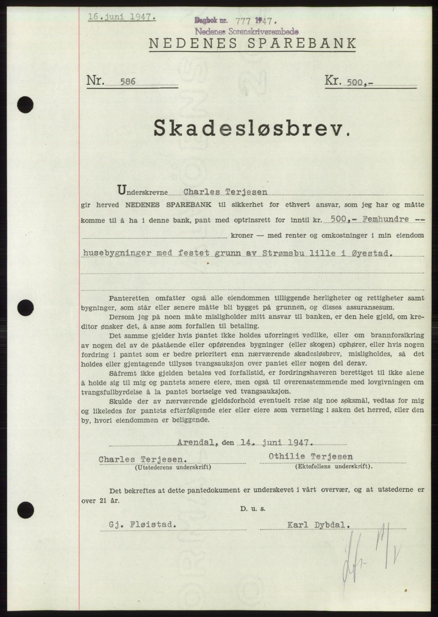 Nedenes sorenskriveri, AV/SAK-1221-0006/G/Gb/Gbb/L0004: Mortgage book no. B4, 1947-1947, Diary no: : 777/1947