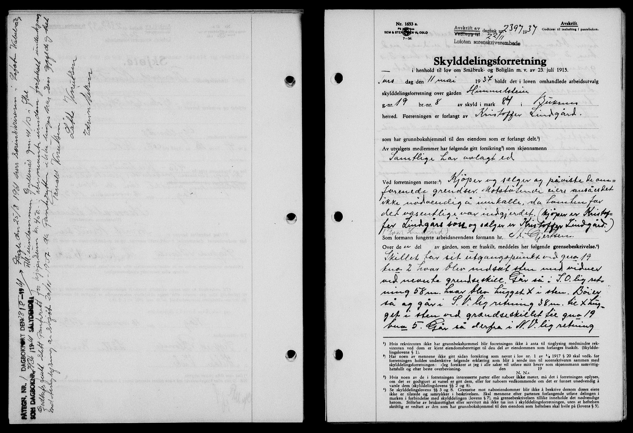 Lofoten sorenskriveri, SAT/A-0017/1/2/2C/L0003a: Mortgage book no. 3a, 1937-1938, Diary no: : 2397/1937