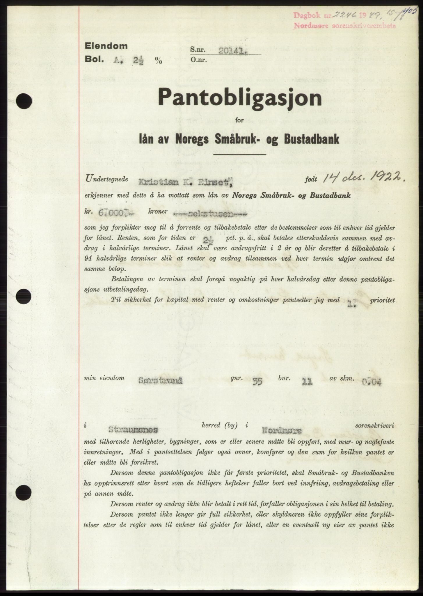 Nordmøre sorenskriveri, AV/SAT-A-4132/1/2/2Ca: Mortgage book no. B102, 1949-1949, Diary no: : 2246/1949