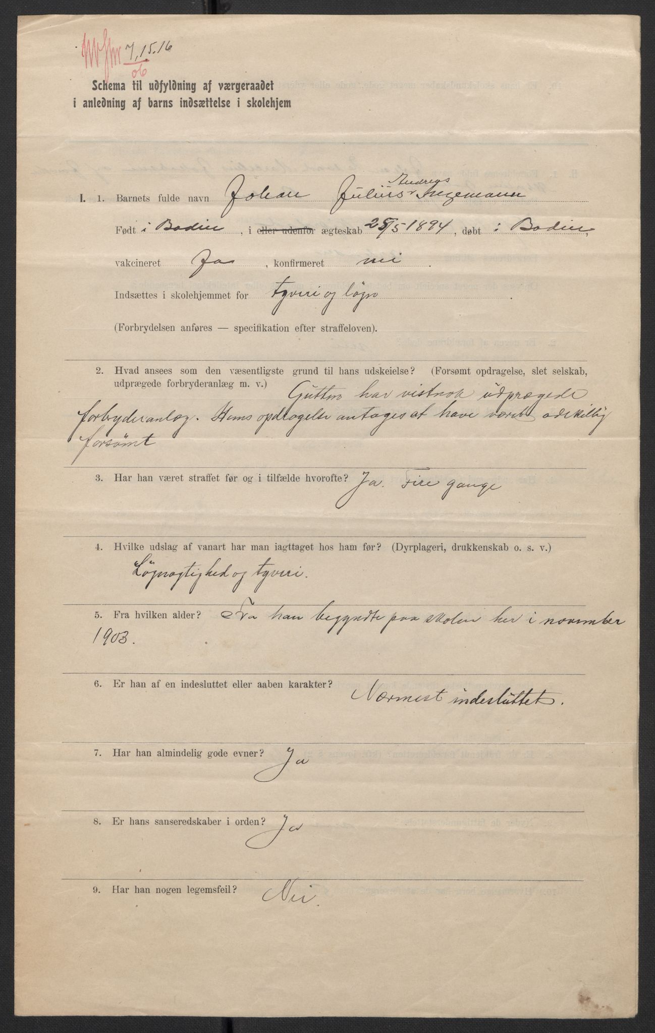 Falstad skolehjem, AV/RA-S-1676/E/Eb/L0007: Elevmapper løpenr. 146-168, 1905-1911, p. 8