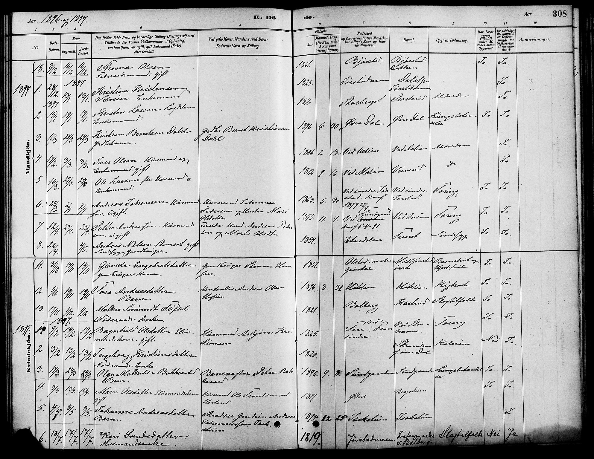Fåberg prestekontor, SAH/PREST-086/H/Ha/Haa/L0008: Parish register (official) no. 8, 1879-1898, p. 308