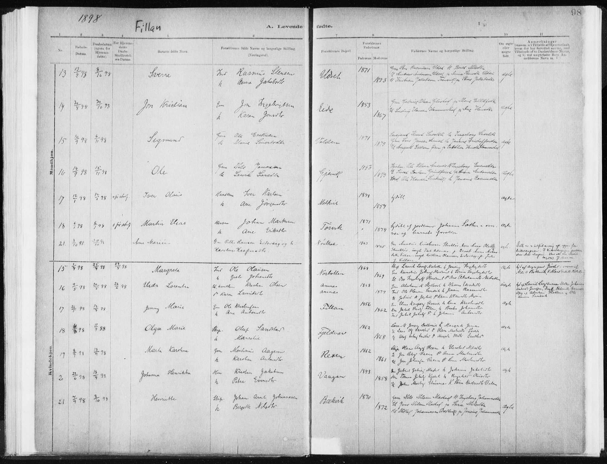 Ministerialprotokoller, klokkerbøker og fødselsregistre - Sør-Trøndelag, SAT/A-1456/637/L0558: Parish register (official) no. 637A01, 1882-1899, p. 98