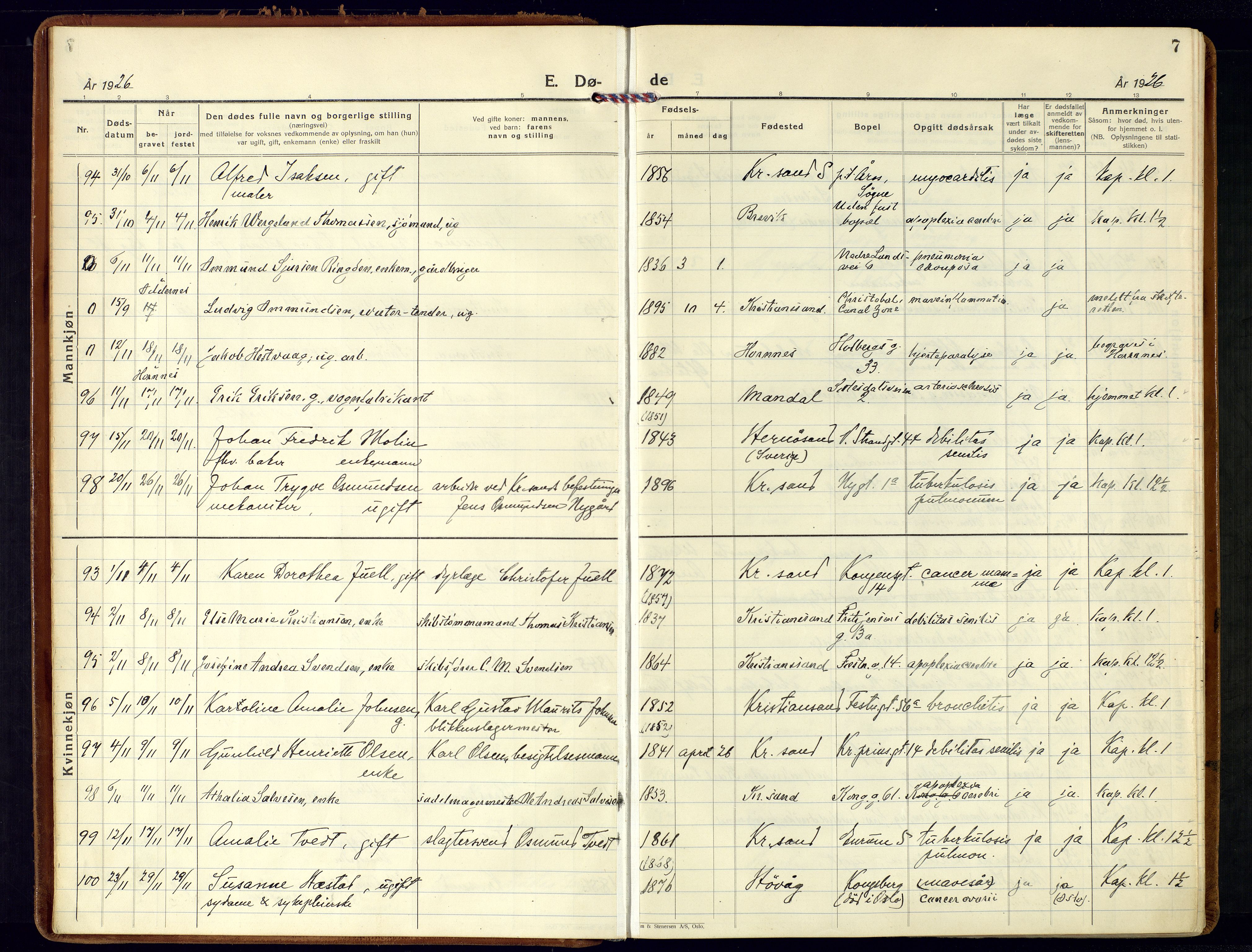 Kristiansand domprosti, AV/SAK-1112-0006/F/Fa/L0030: Parish register (official) no. A 29, 1926-1937, p. 7