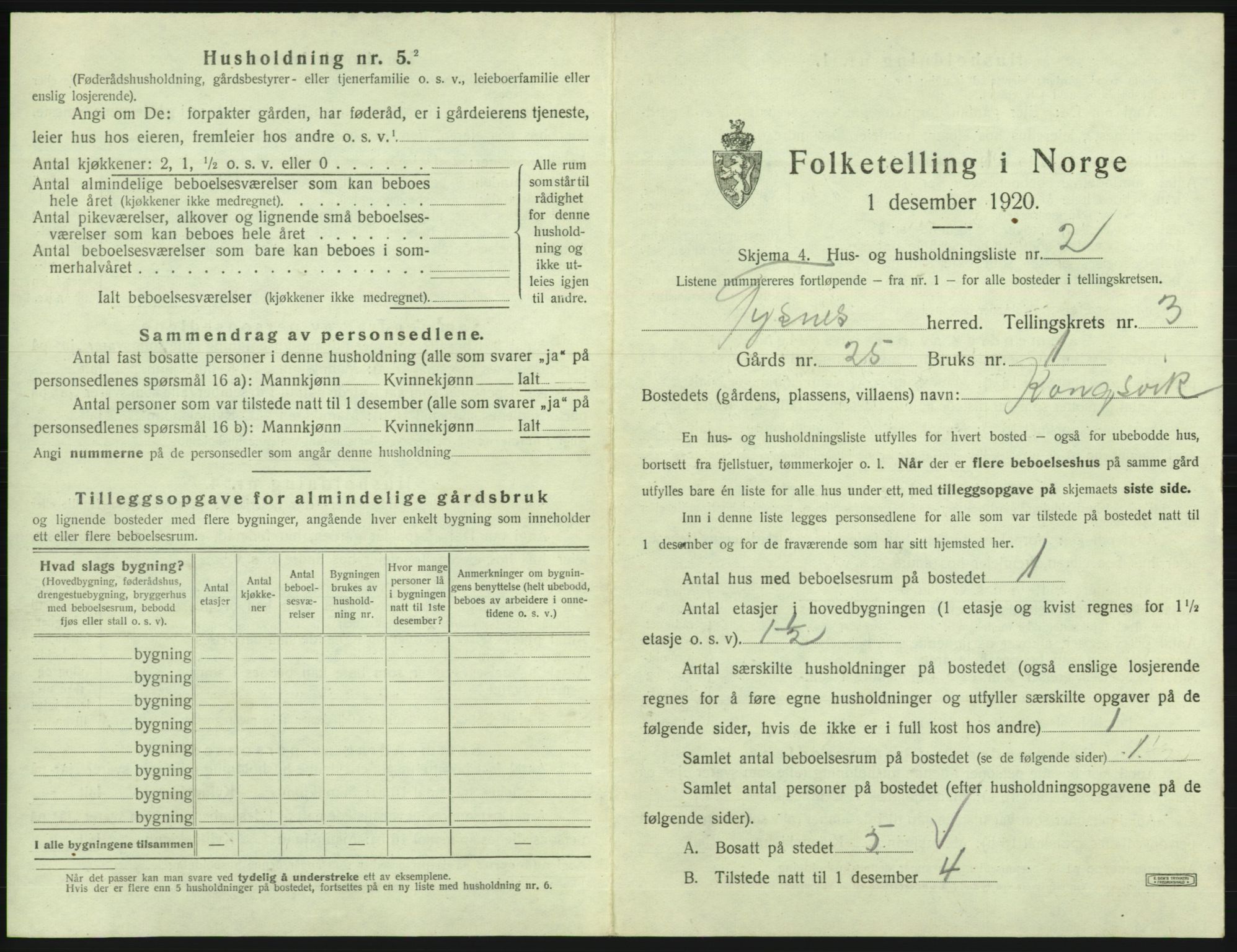 SAB, 1920 census for Tysnes, 1920, p. 262