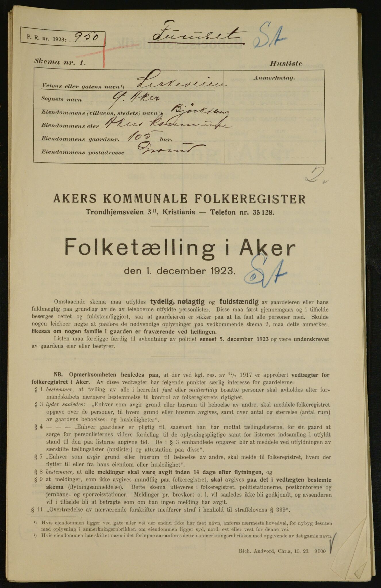 , Municipal Census 1923 for Aker, 1923, p. 28637