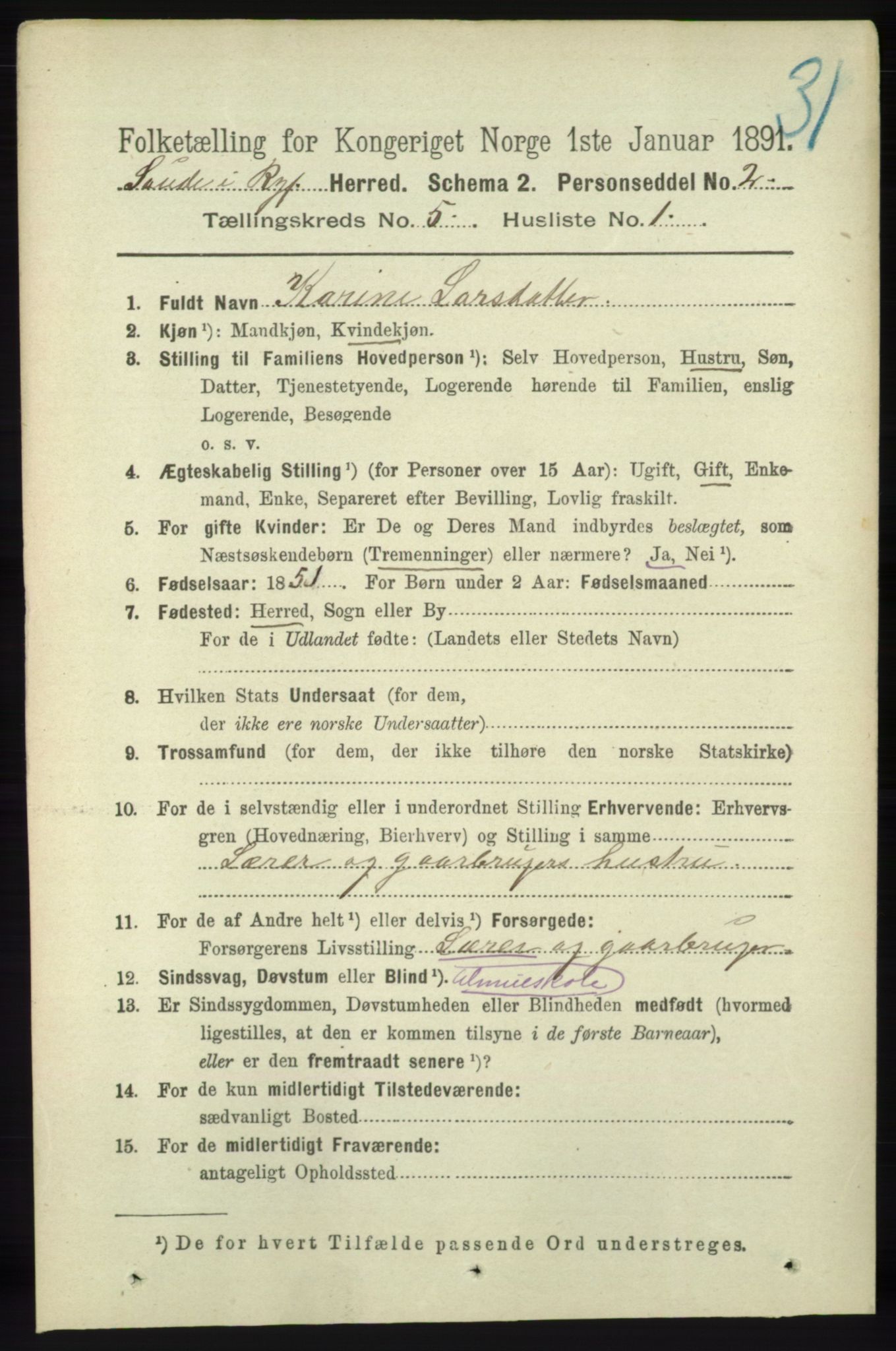 RA, 1891 census for 1135 Sauda, 1891, p. 2211