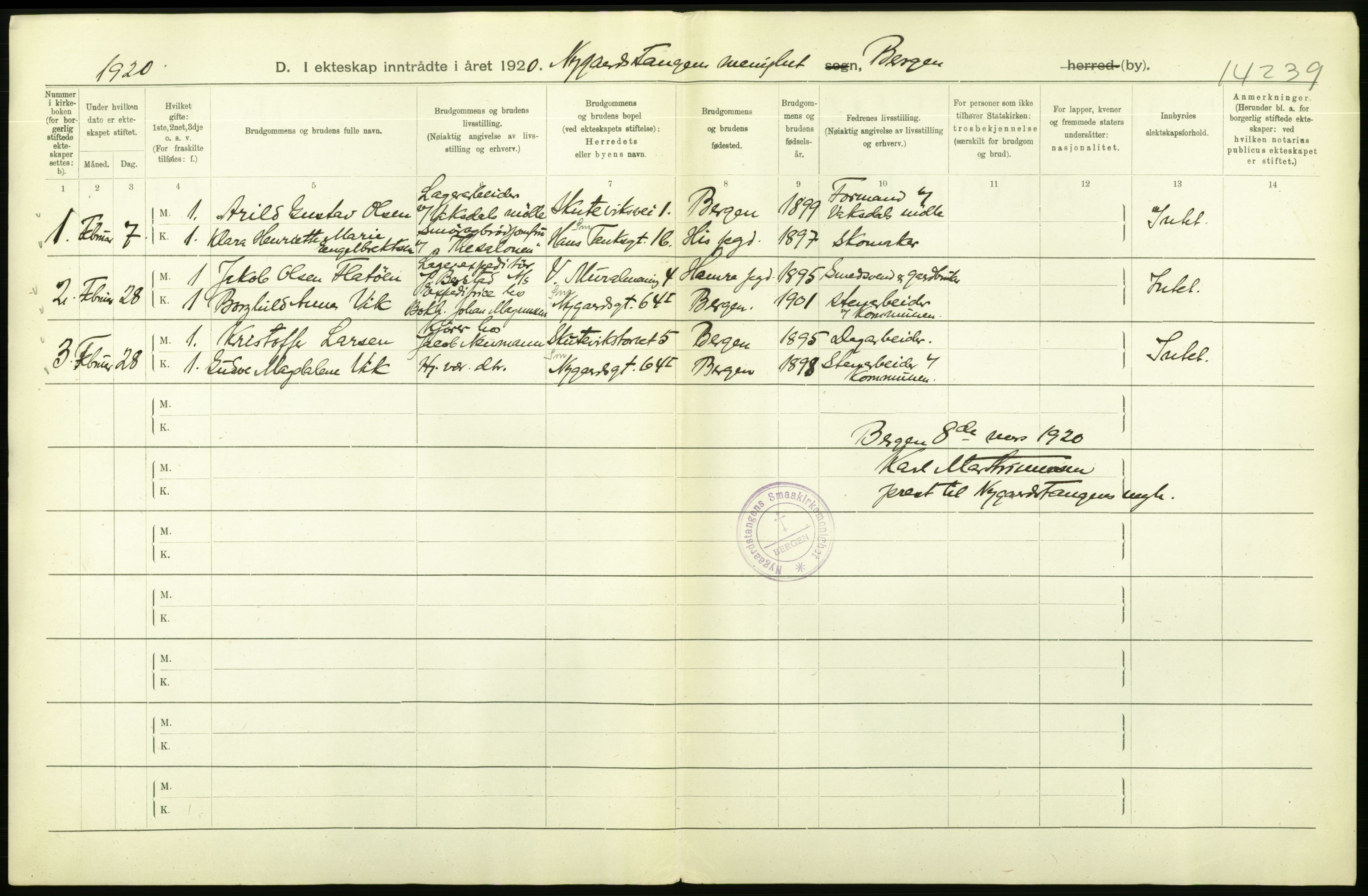 Statistisk sentralbyrå, Sosiodemografiske emner, Befolkning, AV/RA-S-2228/D/Df/Dfb/Dfbj/L0042: Bergen: Gifte, døde, dødfødte., 1920, p. 24