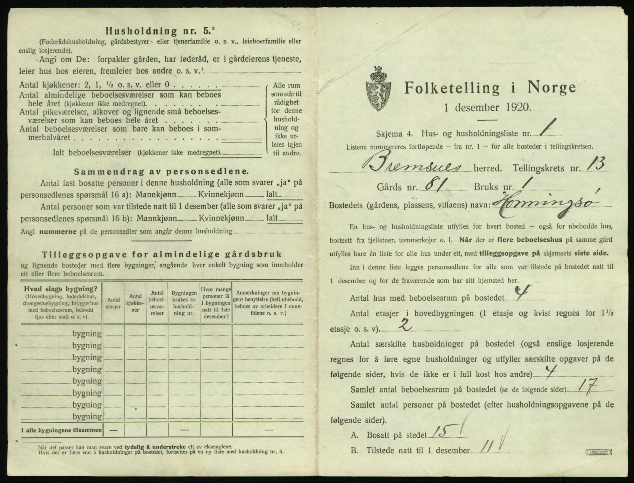 SAT, 1920 census for Bremsnes, 1920, p. 1419