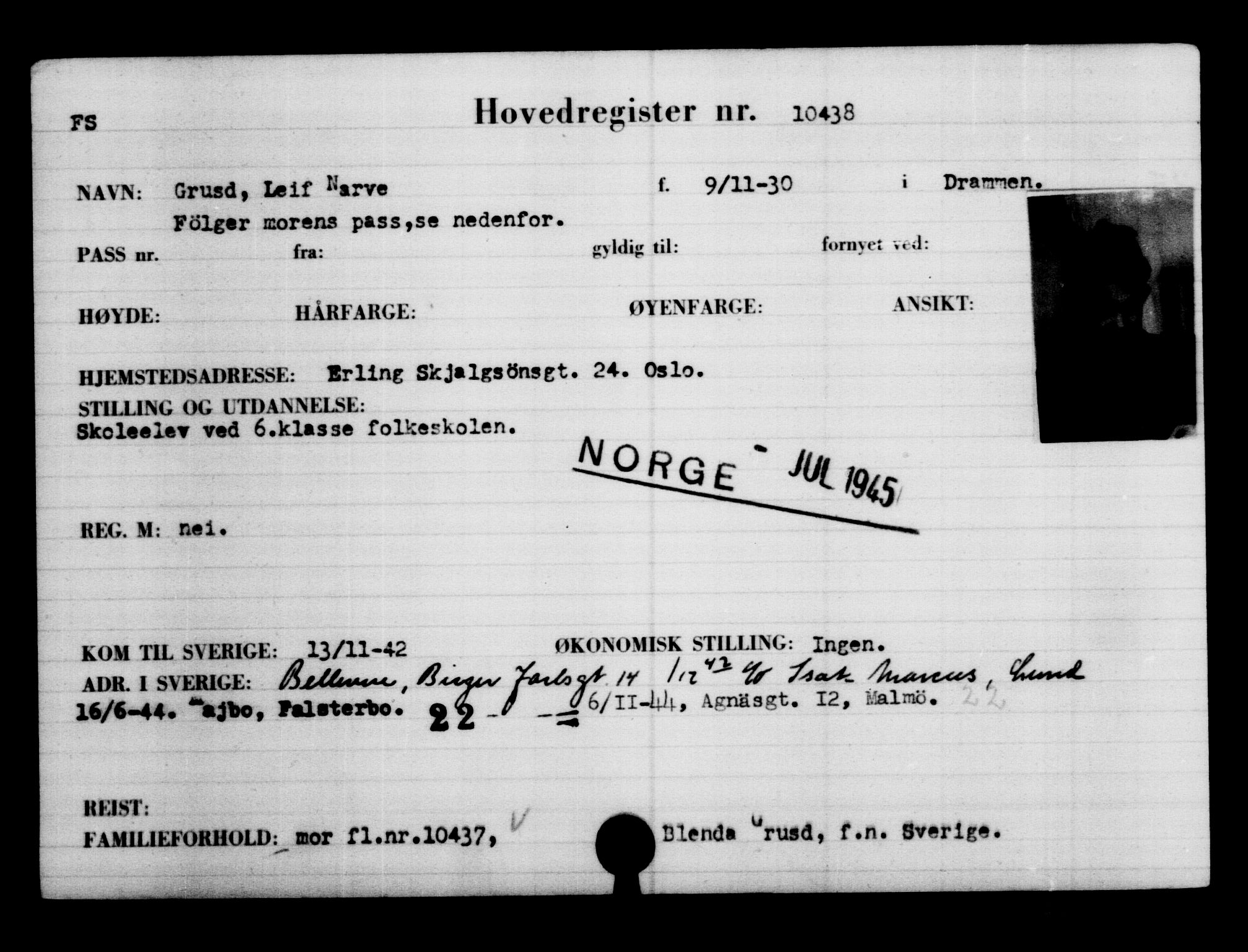 Utenriksstasjonene, Legasjonen i Stockholm, Flyktningkontoret, AV/RA-S-6753/V/Va/L0006: Kjesäterkartoteket, flyktninger med registreringsnr. 9400-12711, 1940-1945, p. 1191