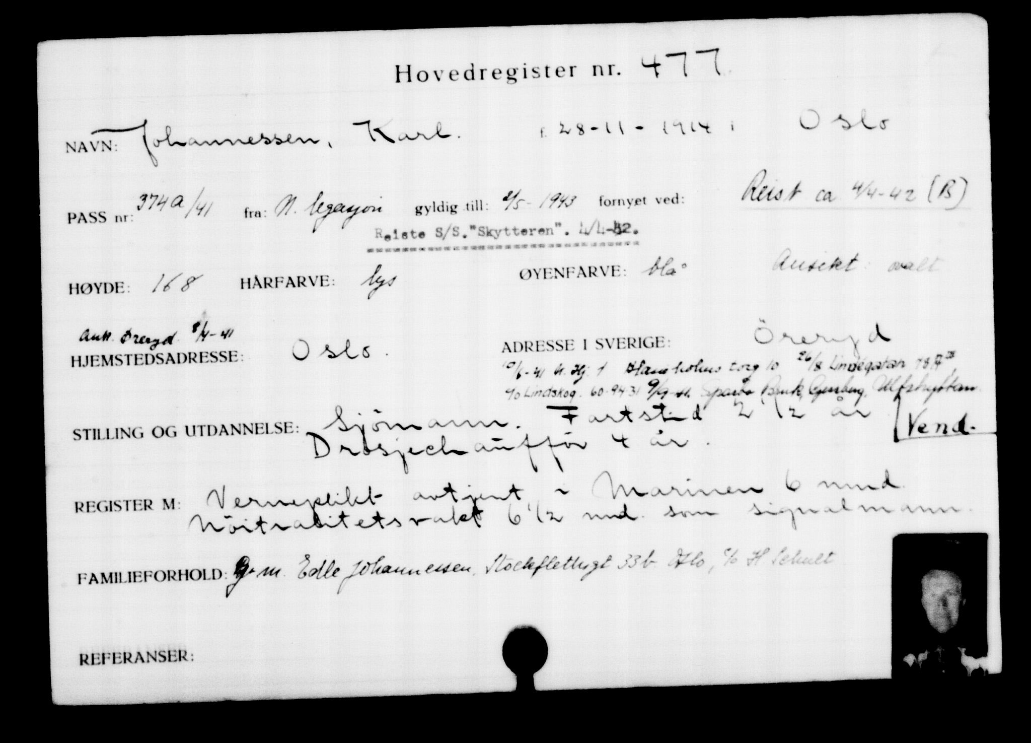 Utenriksstasjonene, Legasjonen i Stockholm, Flyktningkontoret, AV/RA-S-6753/V/Va/L0001: Kjesäterkartoteket, flyktninger med registreringsnr. 1-1000, 1940-1945, p. 739