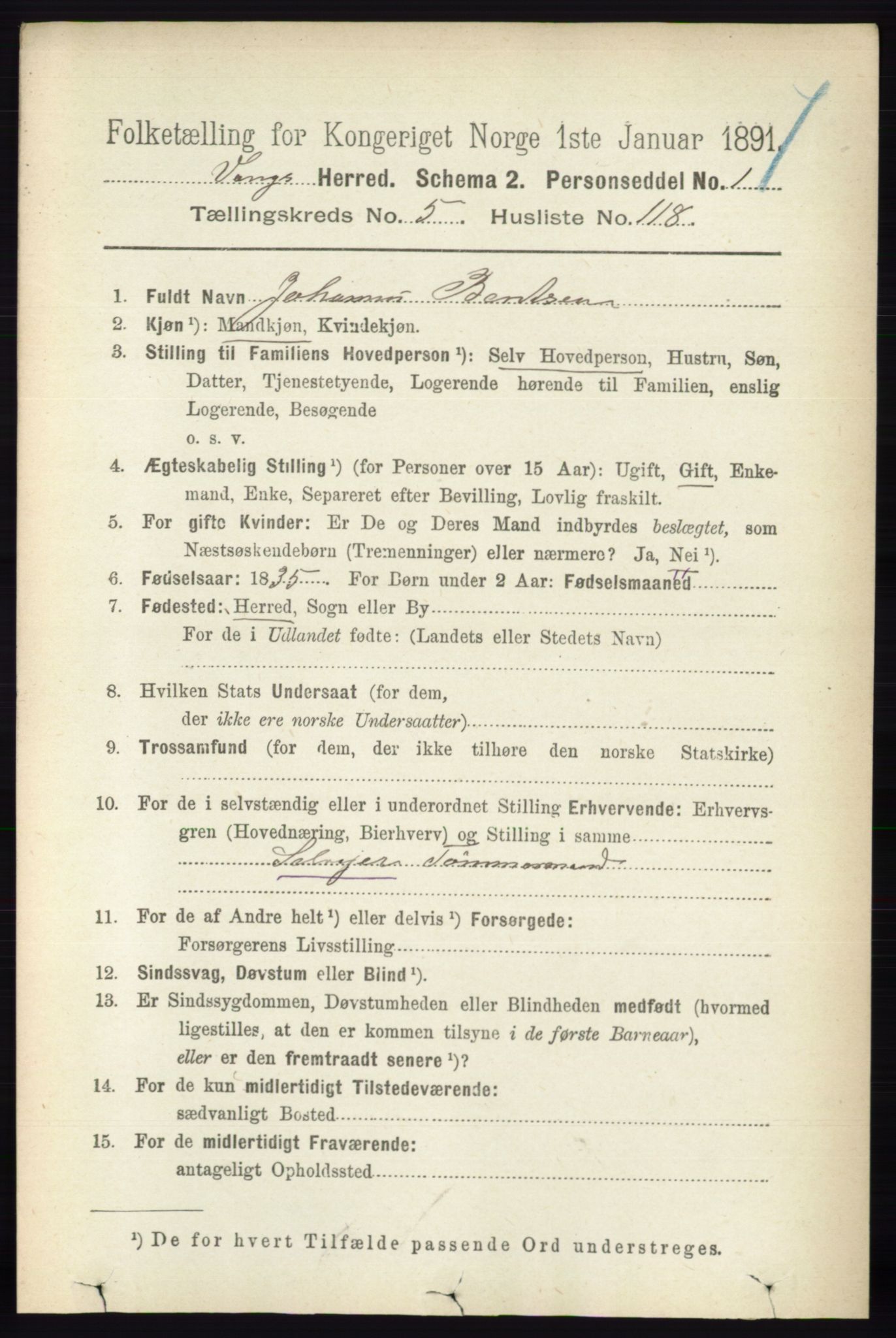 RA, 1891 census for 0414 Vang, 1891, p. 4143