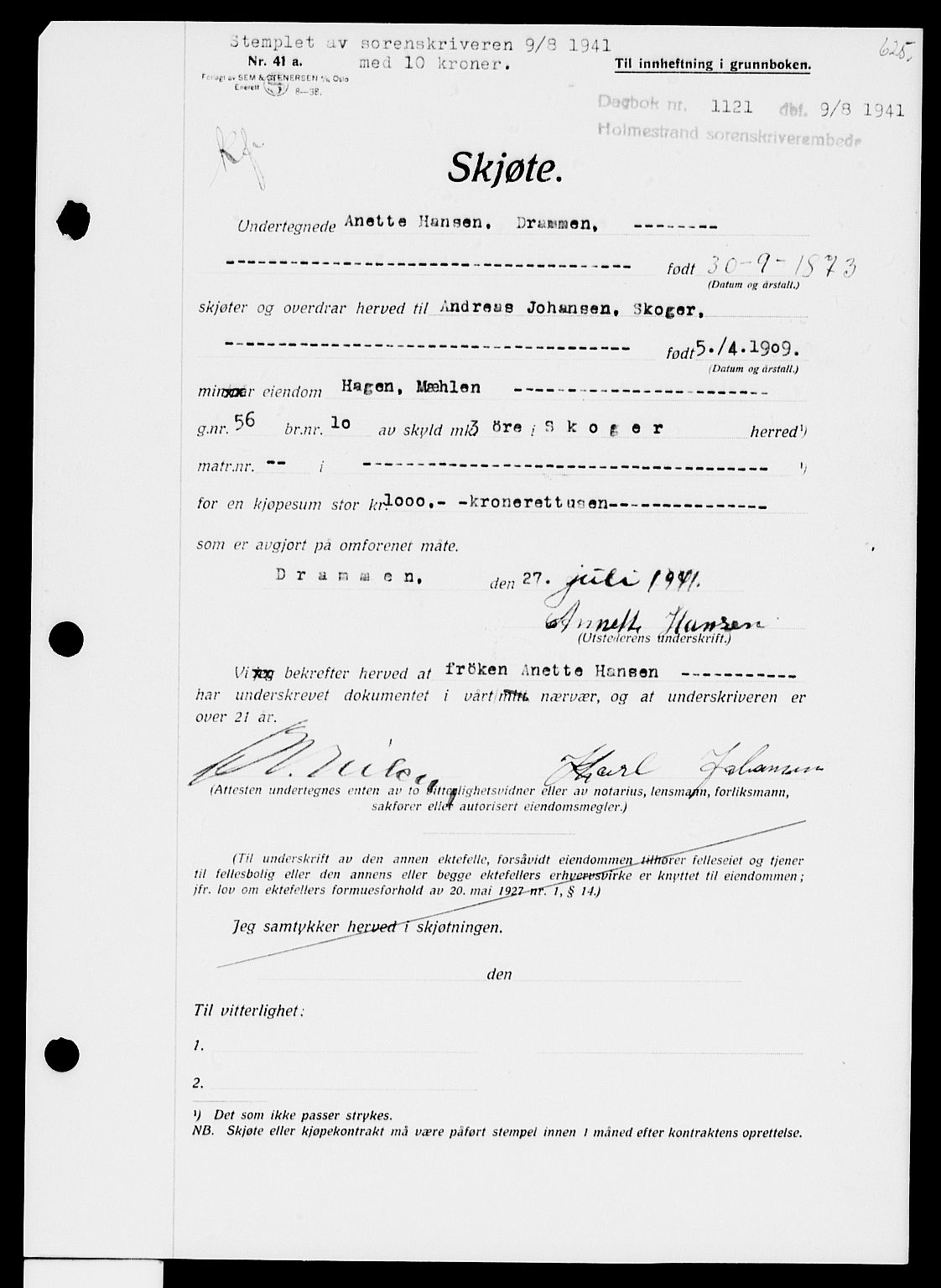 Holmestrand sorenskriveri, AV/SAKO-A-67/G/Ga/Gaa/L0053: Mortgage book no. A-53, 1941-1941, Diary no: : 1121/1941