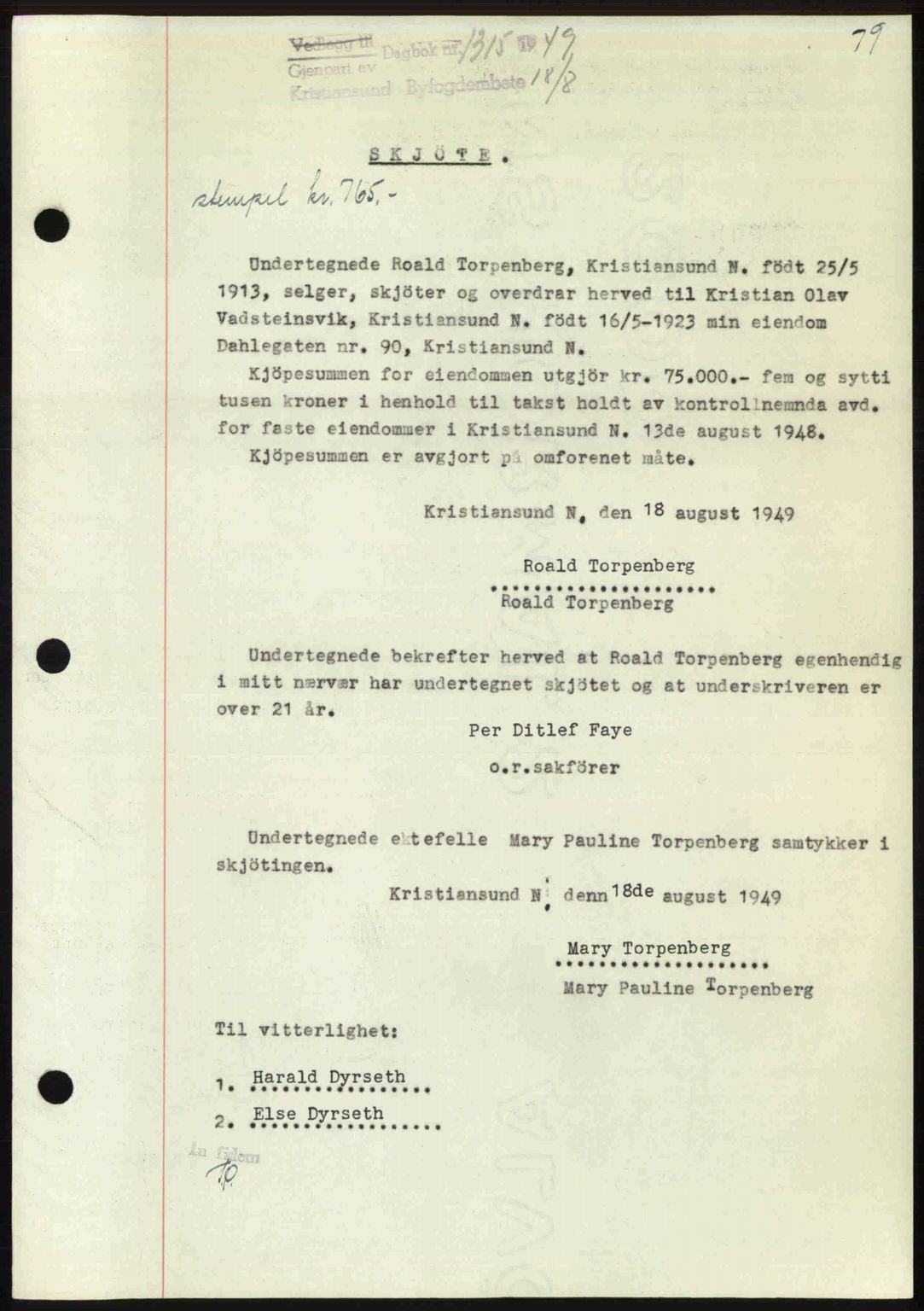 Kristiansund byfogd, AV/SAT-A-4587/A/27: Mortgage book no. 46, 1949-1950, Diary no: : 1315/1949