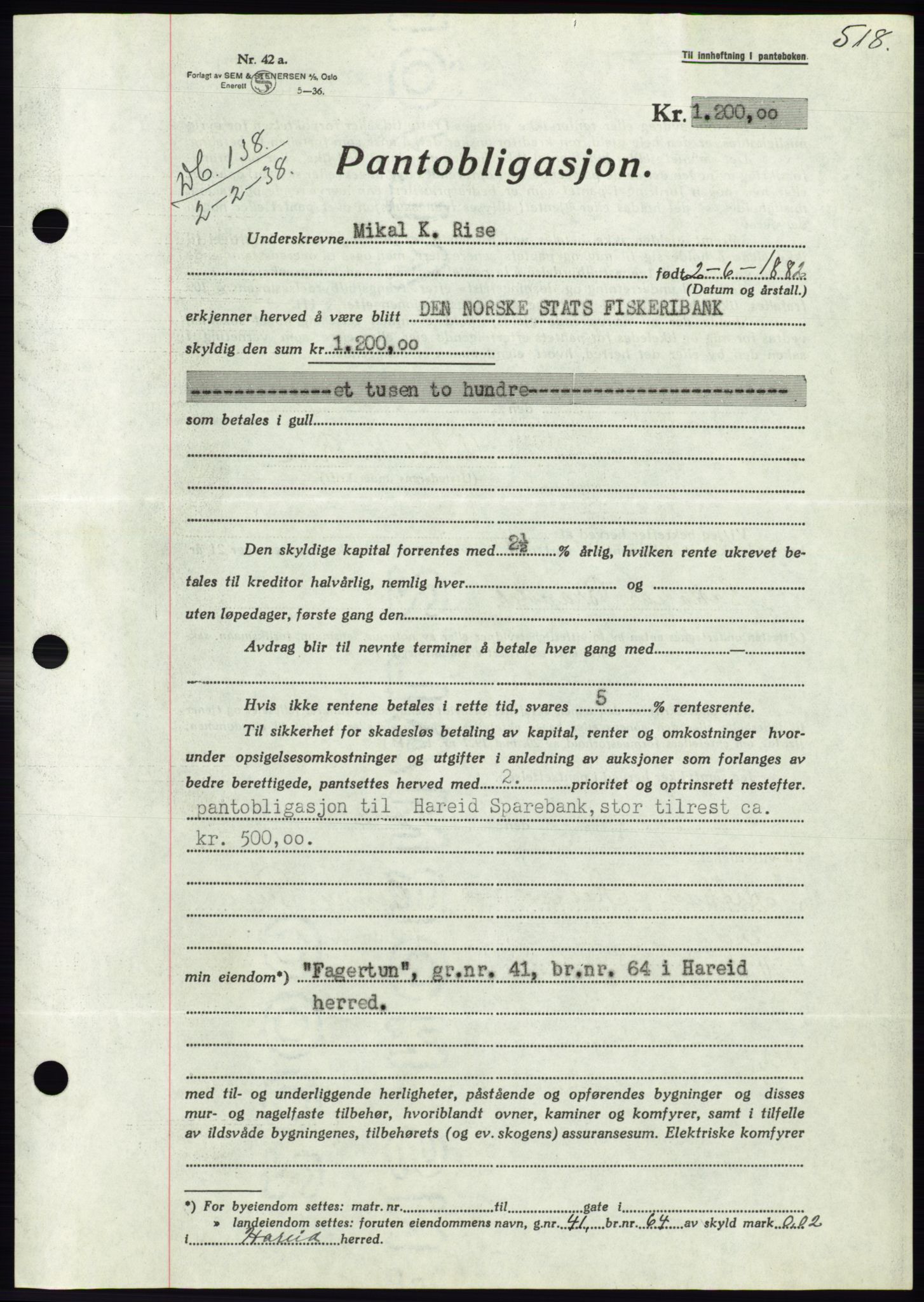 Søre Sunnmøre sorenskriveri, AV/SAT-A-4122/1/2/2C/L0064: Mortgage book no. 58, 1937-1938, Diary no: : 138/1938