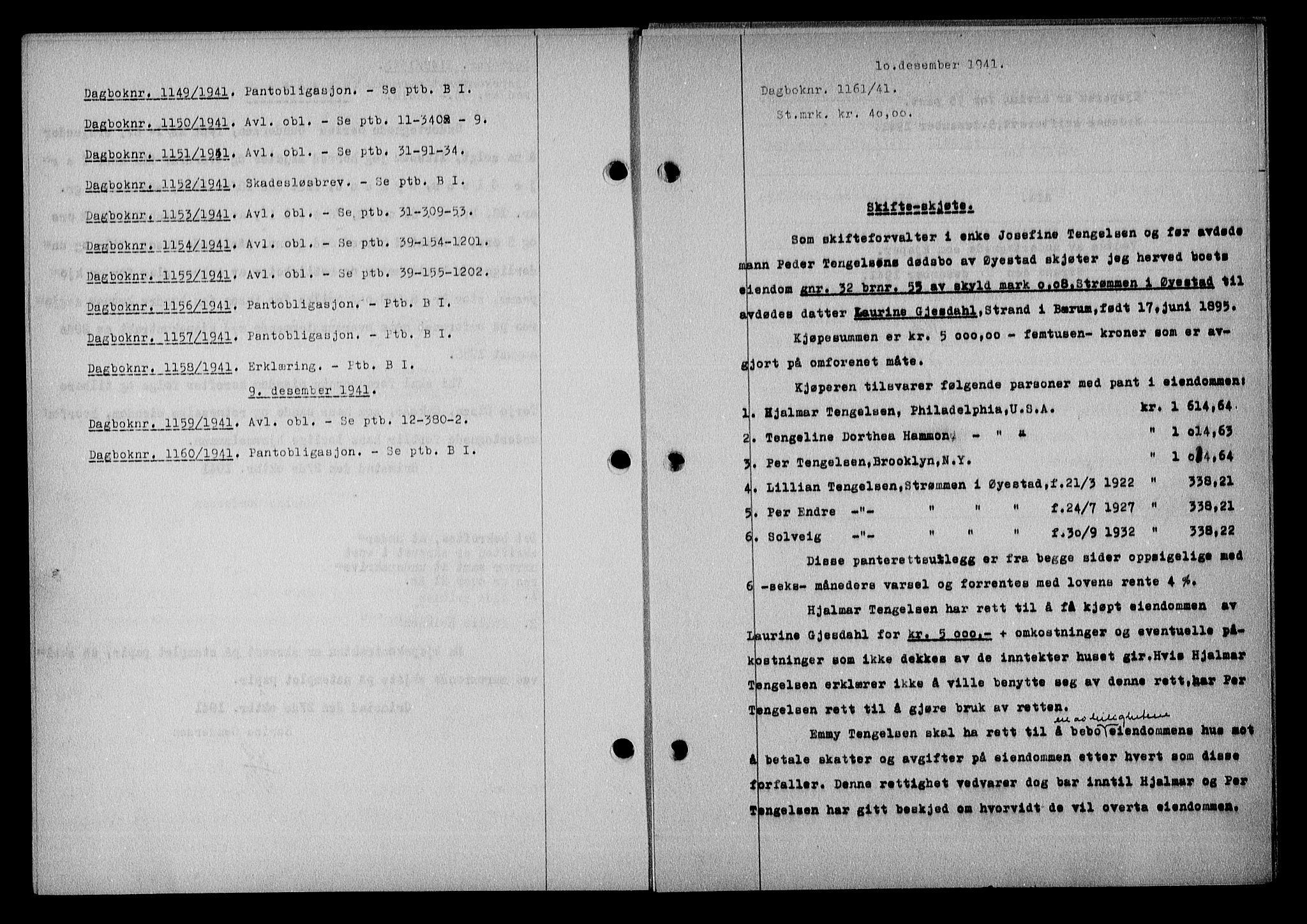 Nedenes sorenskriveri, SAK/1221-0006/G/Gb/Gba/L0049: Mortgage book no. A-III, 1941-1942, Diary no: : 1161/1941