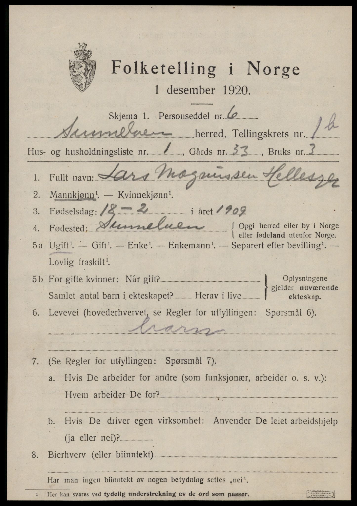 SAT, 1920 census for Sunnylven, 1920, p. 920