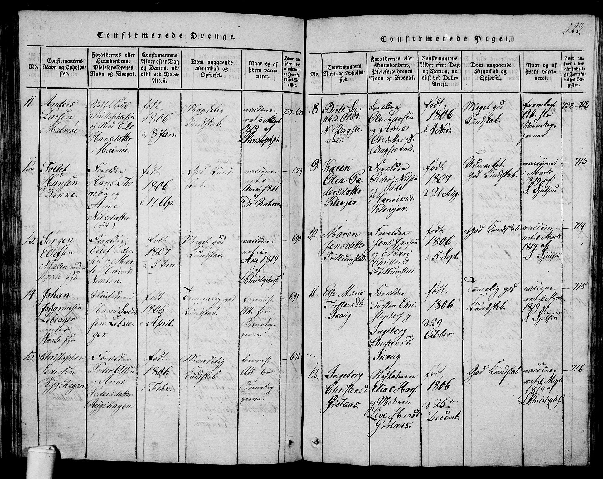 Våle kirkebøker, AV/SAKO-A-334/G/Ga/L0001: Parish register (copy) no. I 1, 1814-1824, p. 522-523