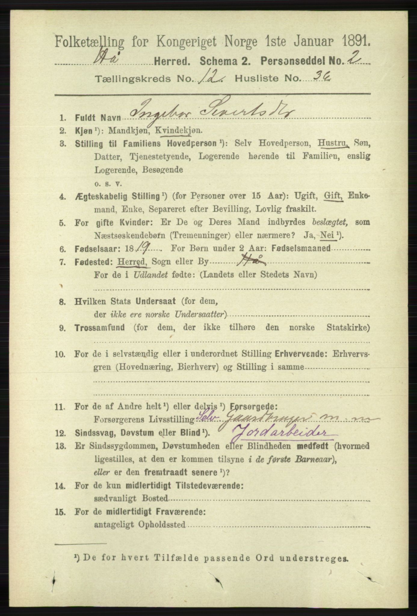 RA, 1891 census for 1119 Hå, 1891, p. 3107