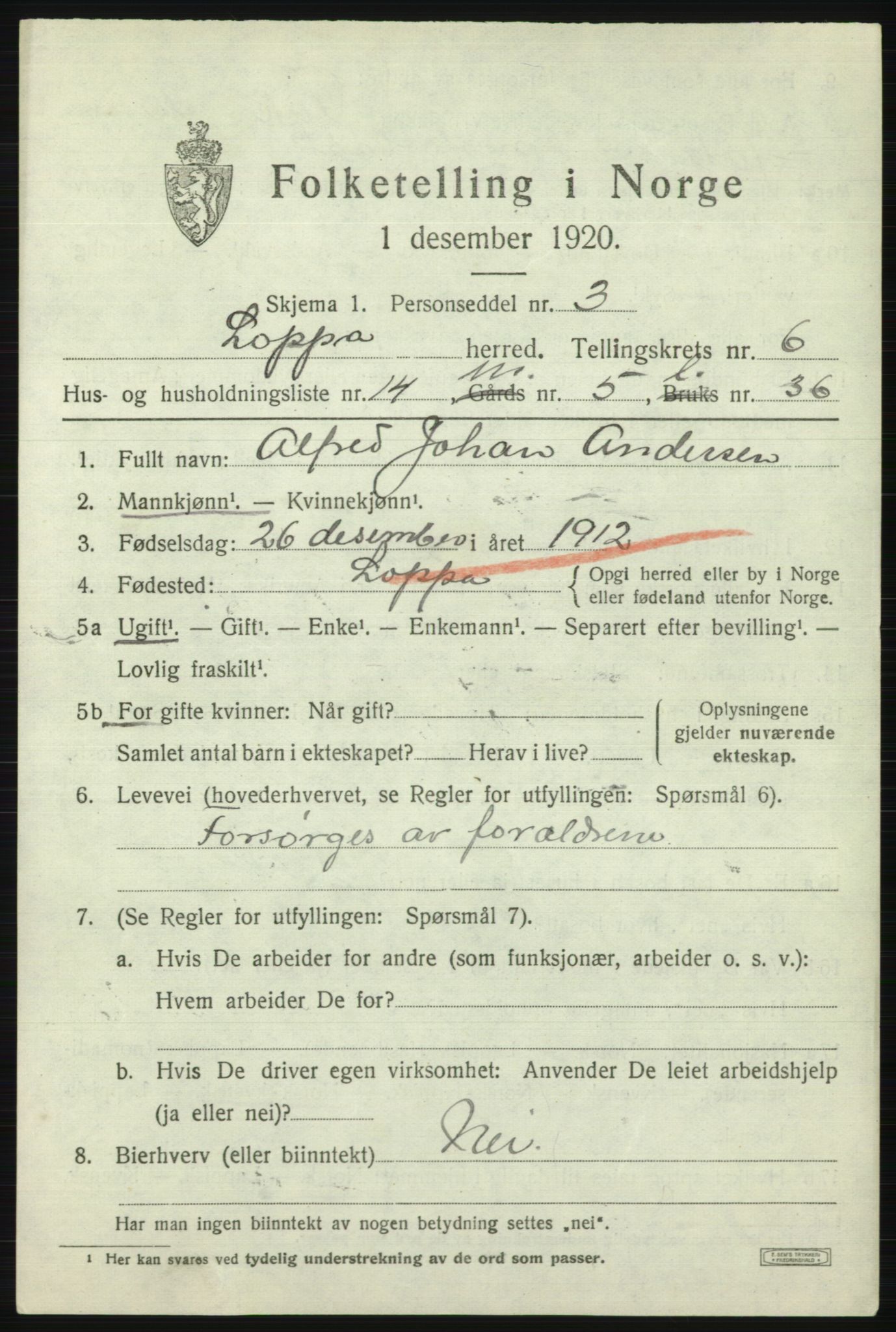SATØ, 1920 census for Loppa, 1920, p. 2700