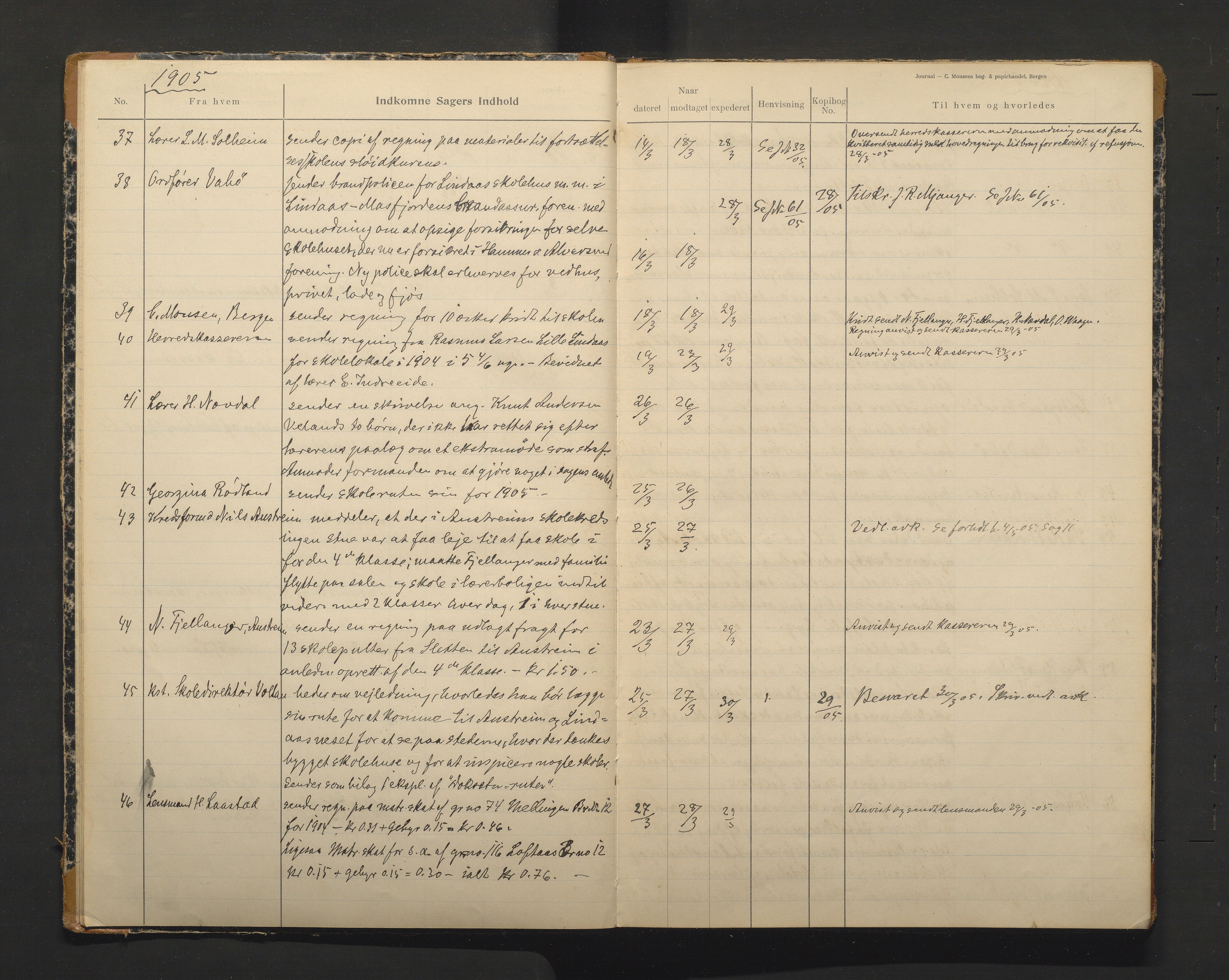 Lindås kommune. Skulestyret, IKAH/1263-211/C/Ca/L0002: Postjournal for Lindås skulestyre, 1905-1908