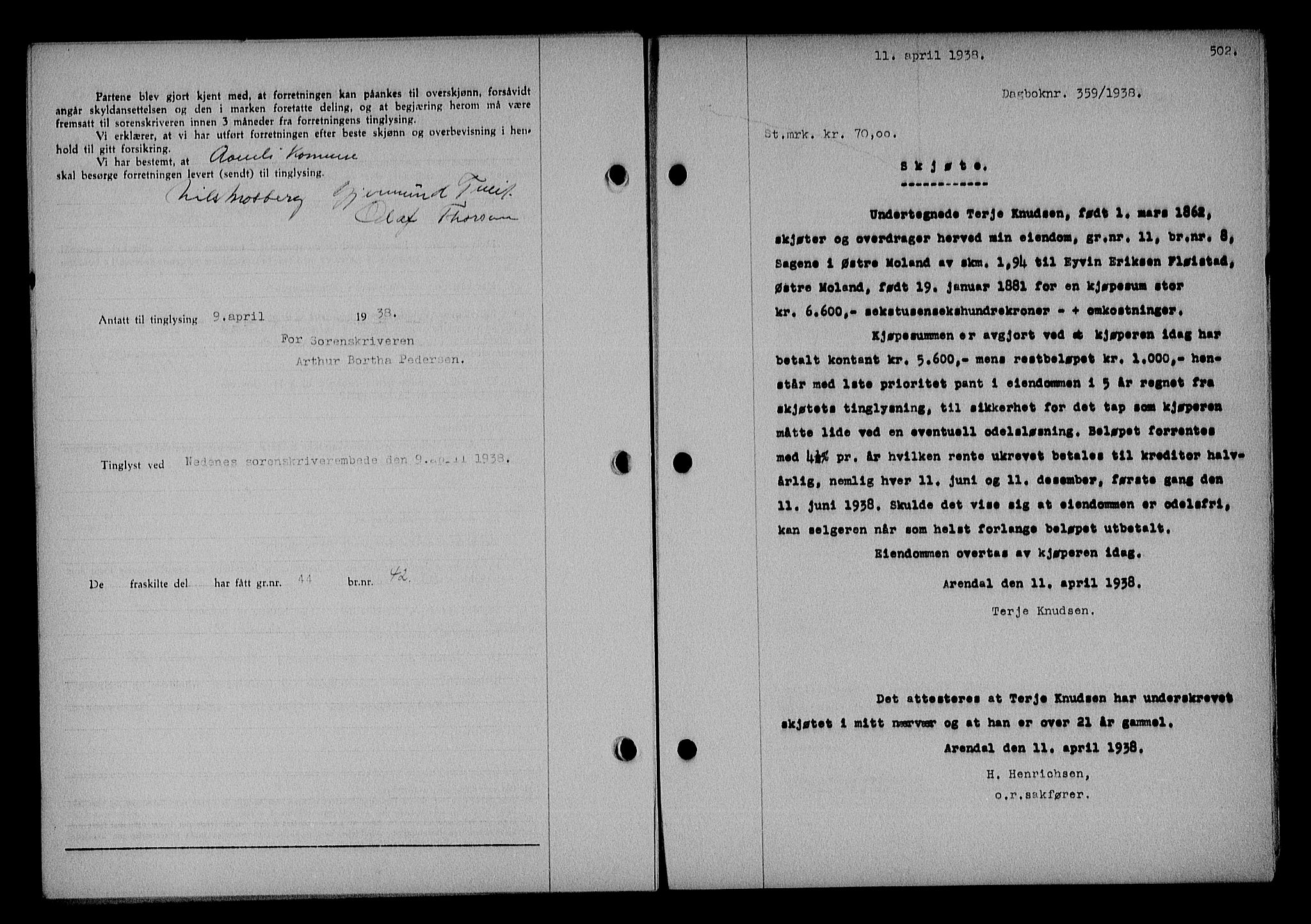 Nedenes sorenskriveri, SAK/1221-0006/G/Gb/Gba/L0044: Mortgage book no. 40, 1937-1938, Diary no: : 359/1938