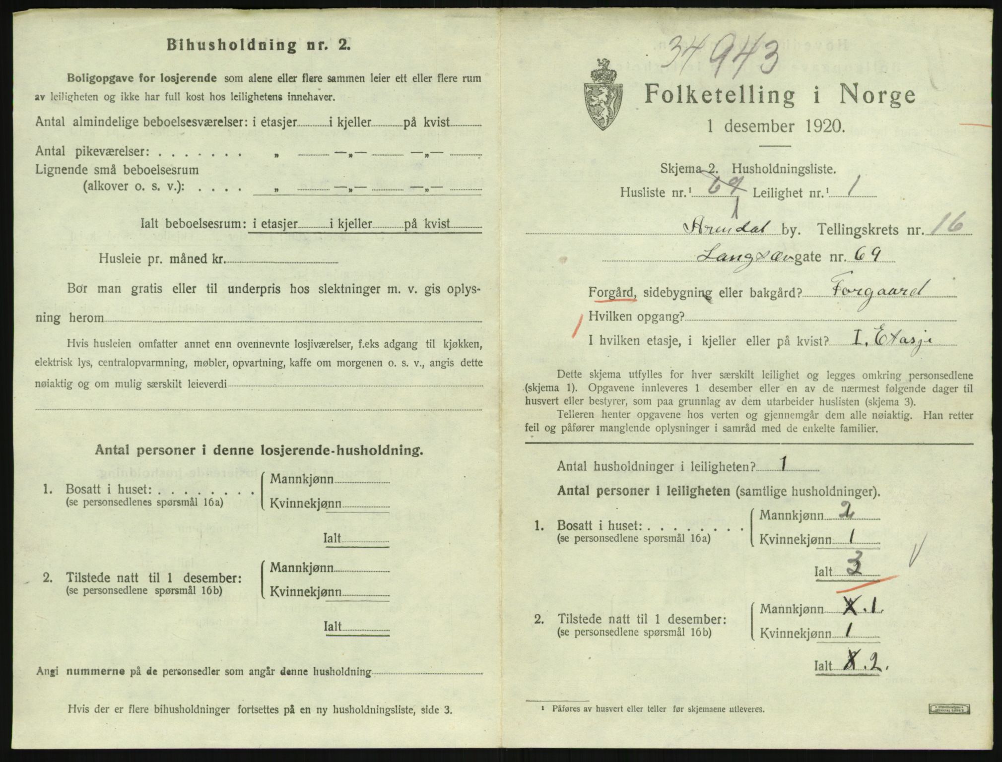 SAK, 1920 census for Arendal, 1920, p. 7452