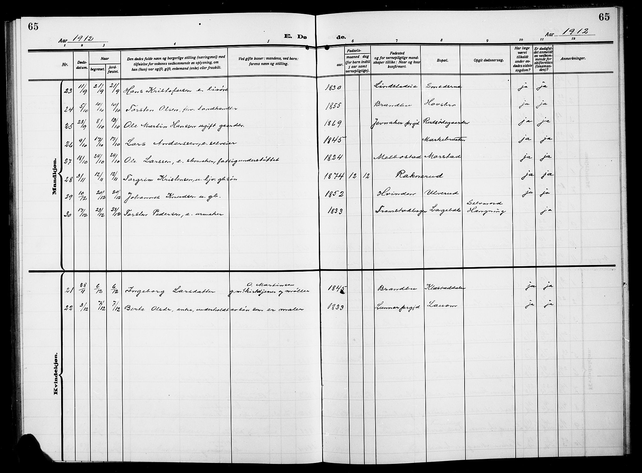 Gran prestekontor, AV/SAH-PREST-112/H/Ha/Hab/L0007: Parish register (copy) no. 7, 1912-1917, p. 65