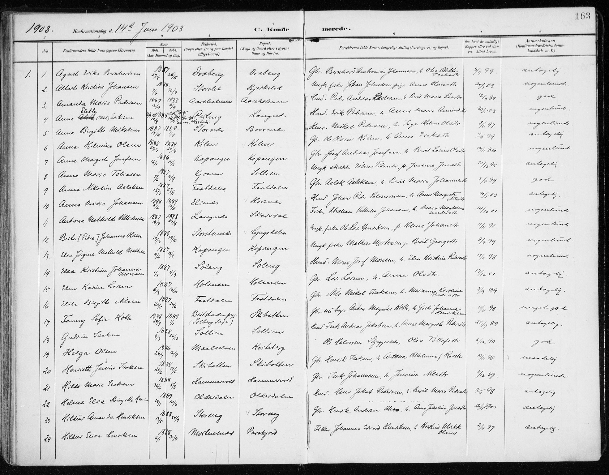 Lyngen sokneprestembete, SATØ/S-1289/H/He/Hea/L0011kirke: Parish register (official) no. 11, 1903-1913, p. 163