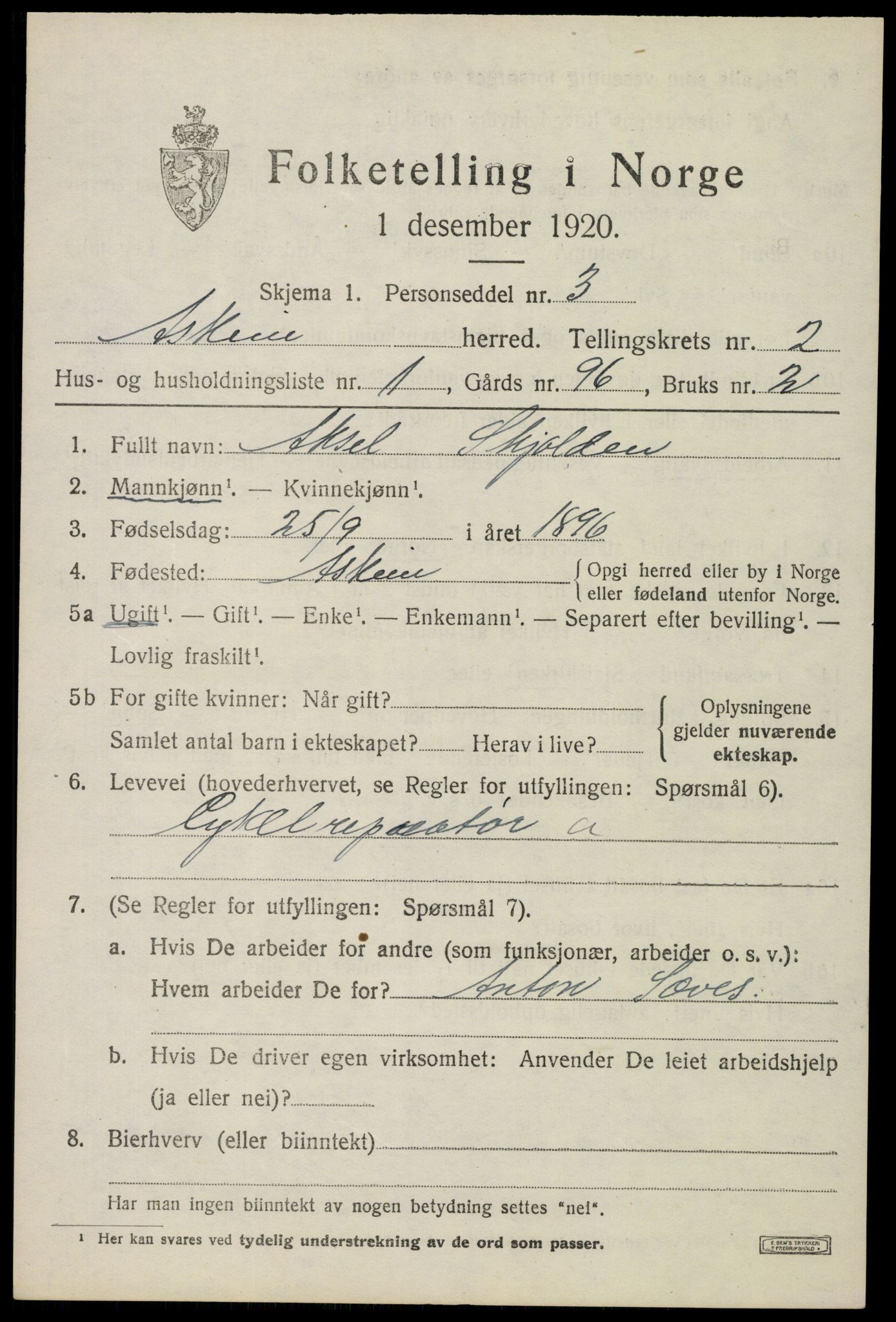 SAO, 1920 census for Askim, 1920, p. 4591