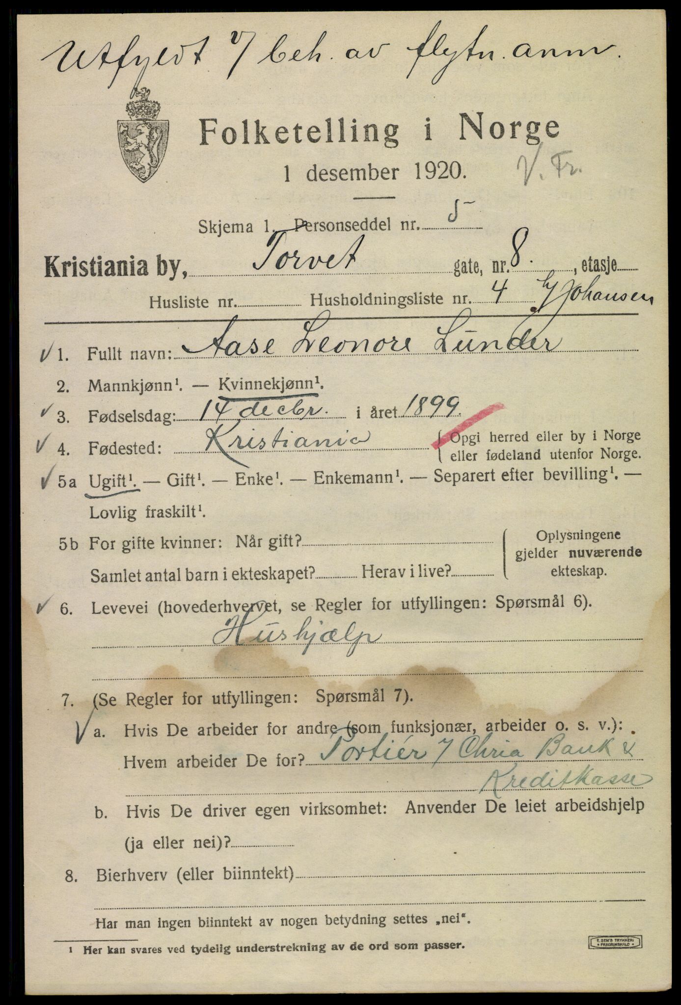 SAO, 1920 census for Kristiania, 1920, p. 593853