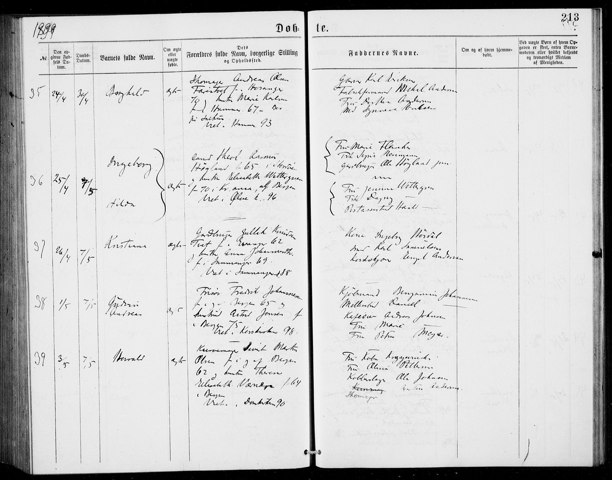 Fødselsstiftelsens sokneprestembete, ført av overlegen*, SAB/-: Parish register (official) no. A 2, 1884-1900, p. 213