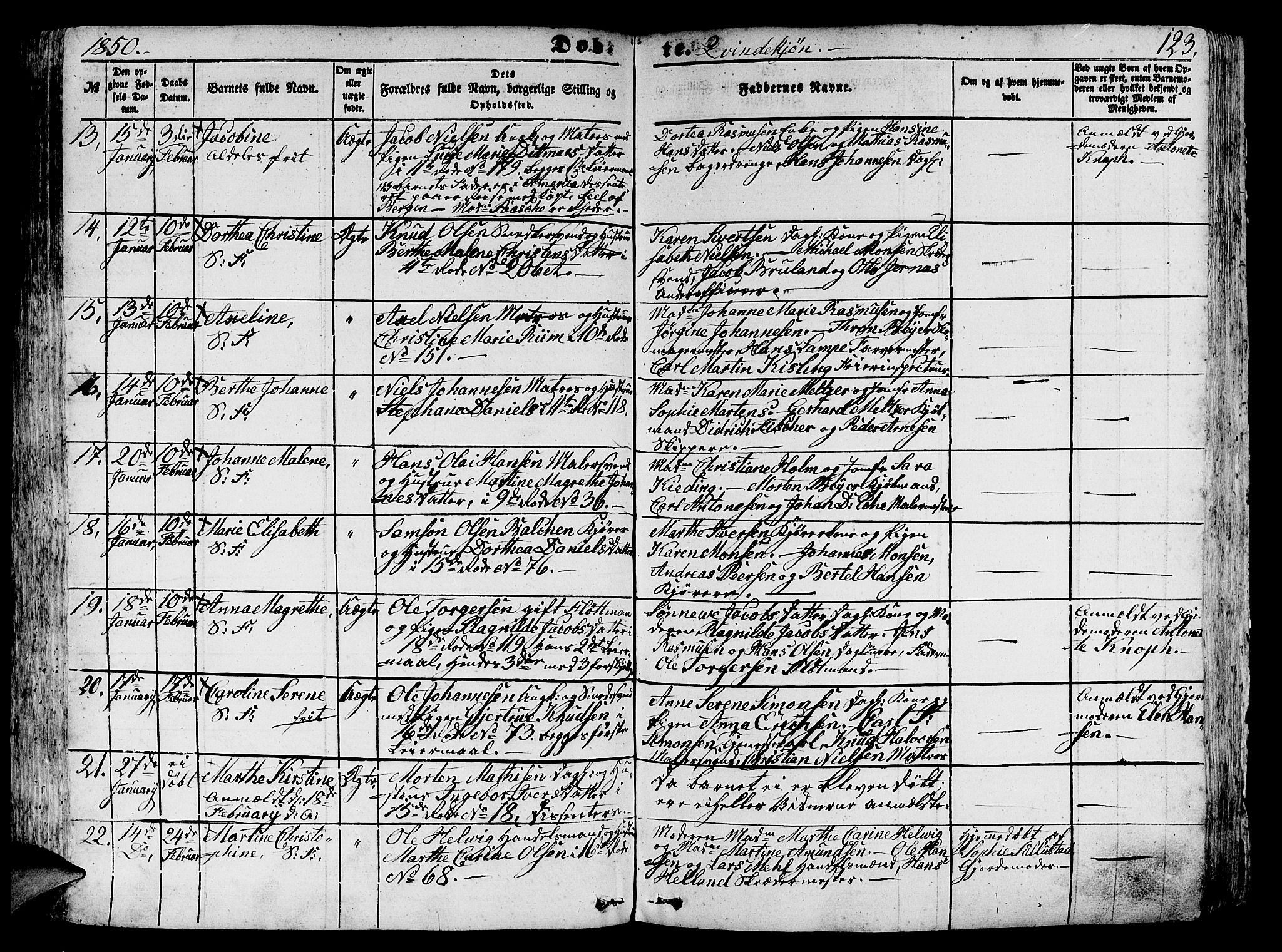 Domkirken sokneprestembete, SAB/A-74801/H/Hab/L0010: Parish register (copy) no. B 3, 1849-1856, p. 123