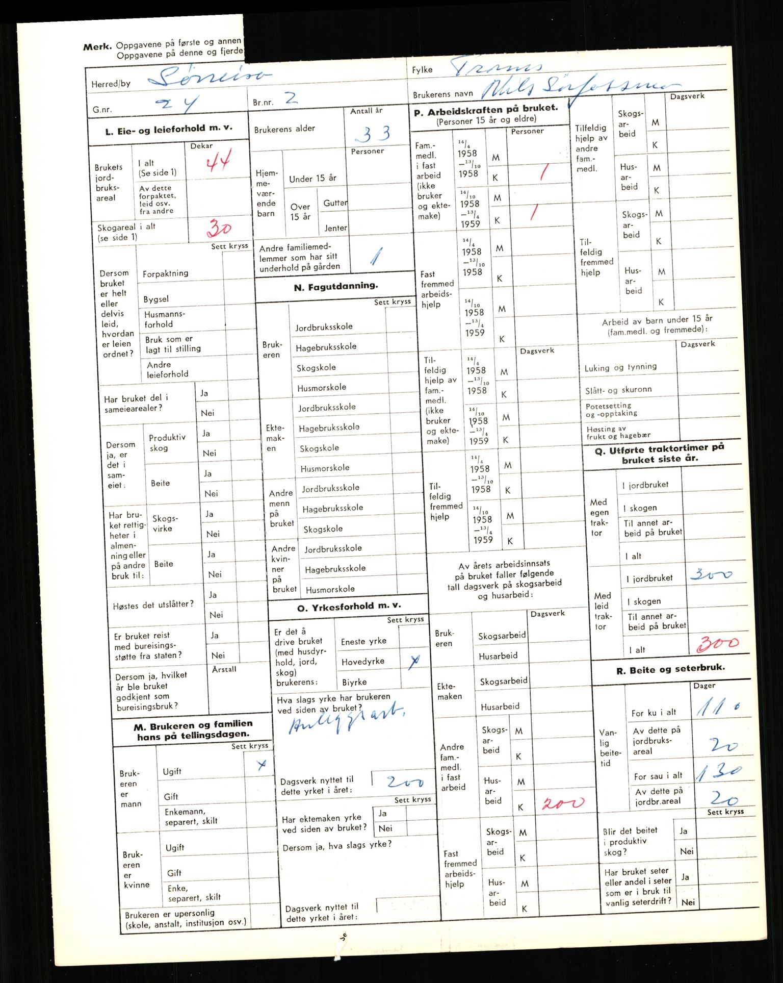 Statistisk sentralbyrå, Næringsøkonomiske emner, Jordbruk, skogbruk, jakt, fiske og fangst, AV/RA-S-2234/G/Gd/L0656: Troms: 1924 Målselv (kl. 0-3) og 1925 Sørreisa, 1959, p. 1938