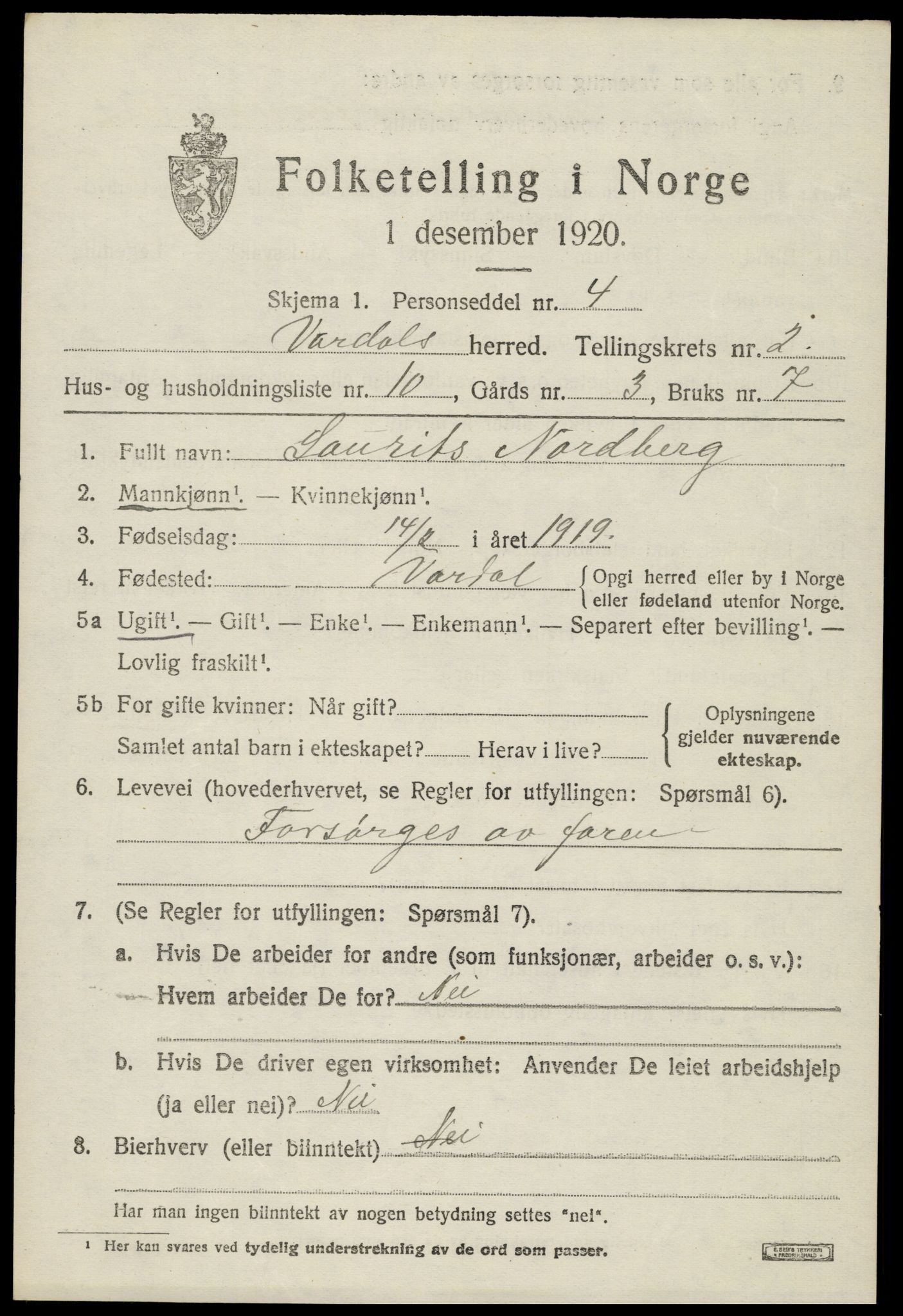 SAH, 1920 census for Vardal, 1920, p. 2579