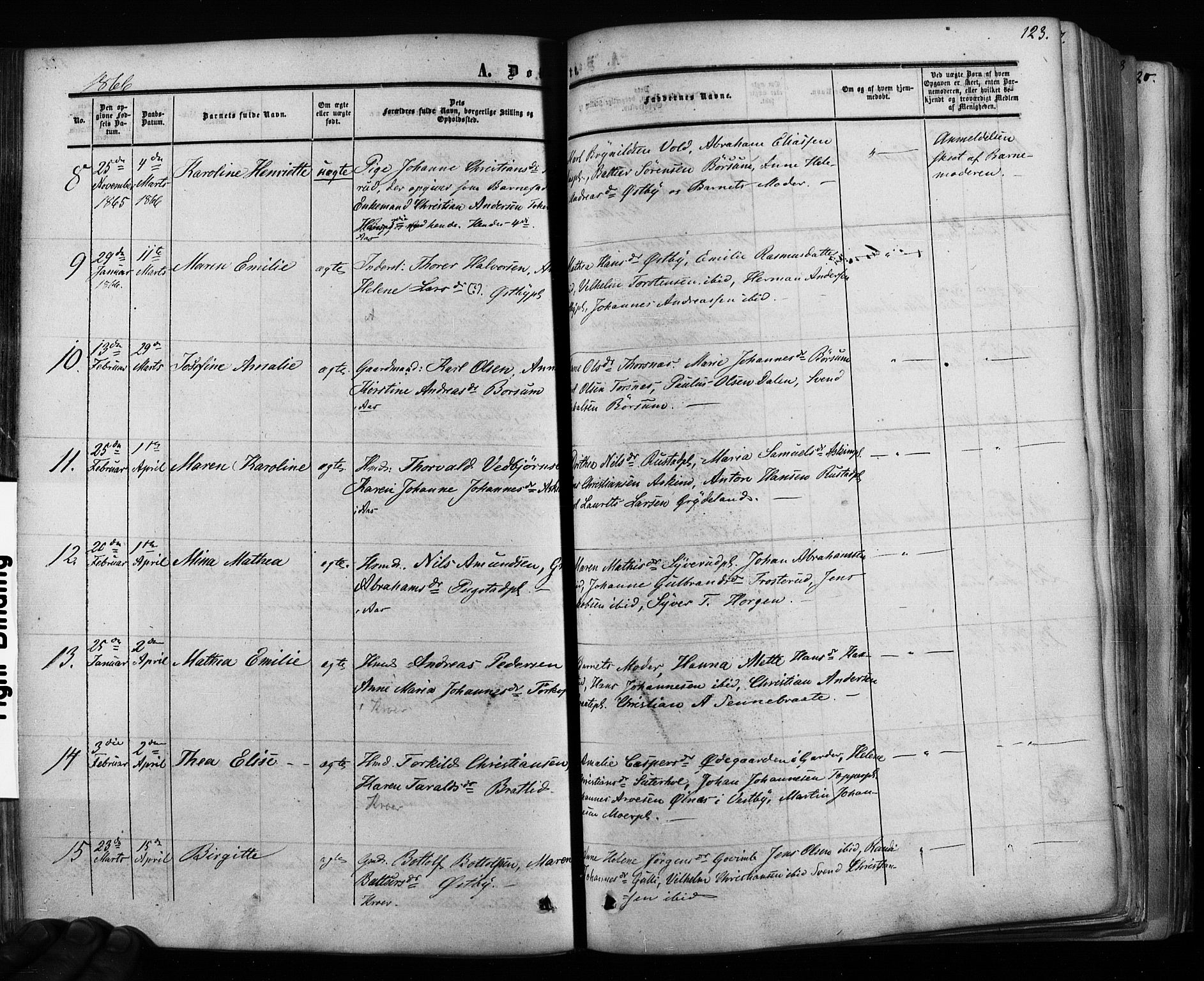 Ås prestekontor Kirkebøker, AV/SAO-A-10894/F/Fa/L0007: Parish register (official) no. I 7, 1854-1870, p. 123