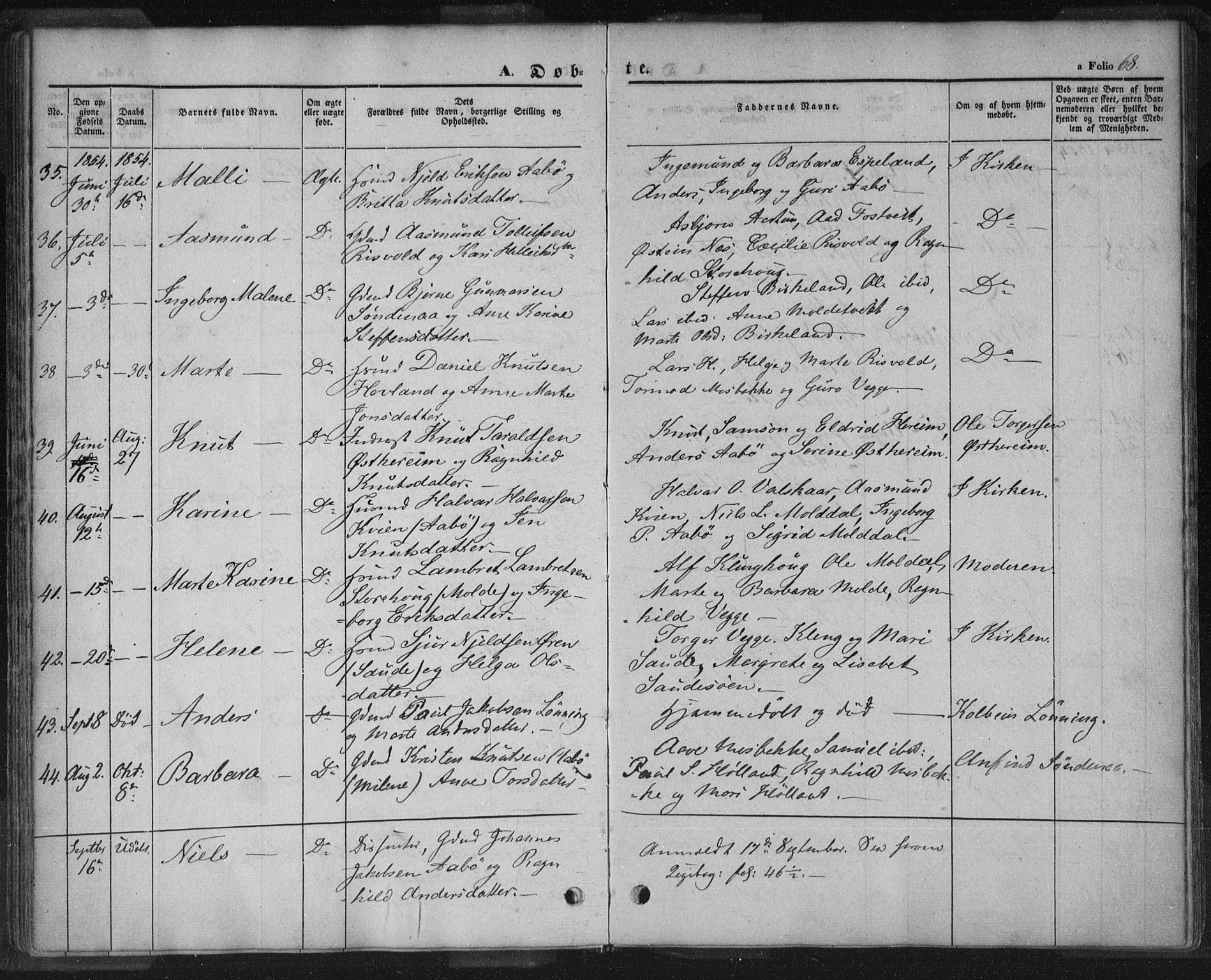 Sand sokneprestkontor, AV/SAST-A-101848/01/III/L0002: Parish register (official) no. A 2, 1838-1859, p. 68