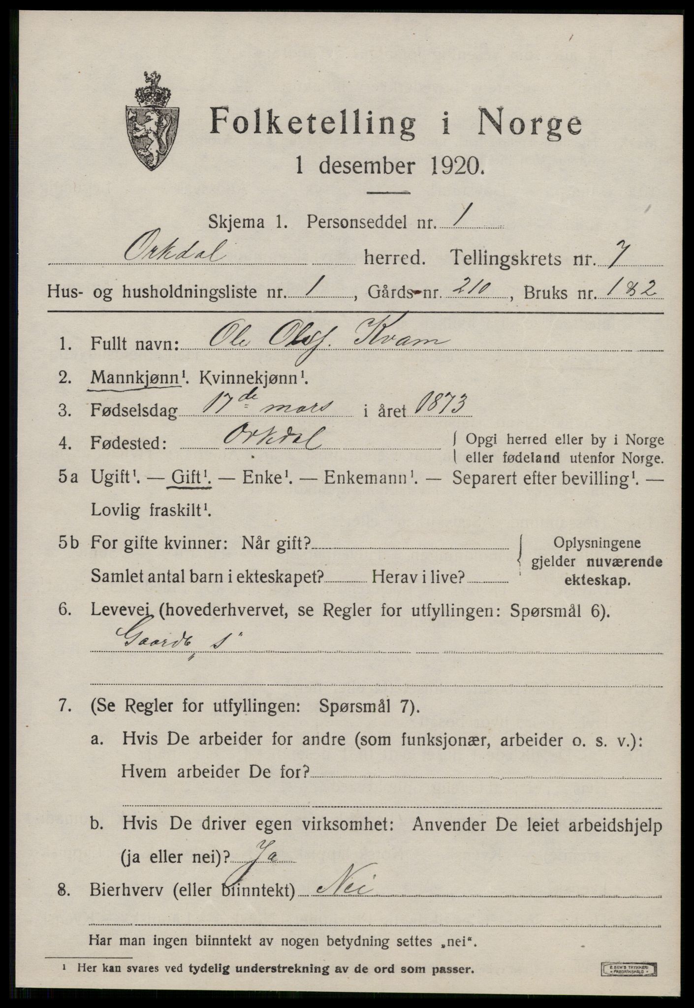 SAT, 1920 census for Orkdal, 1920, p. 5814