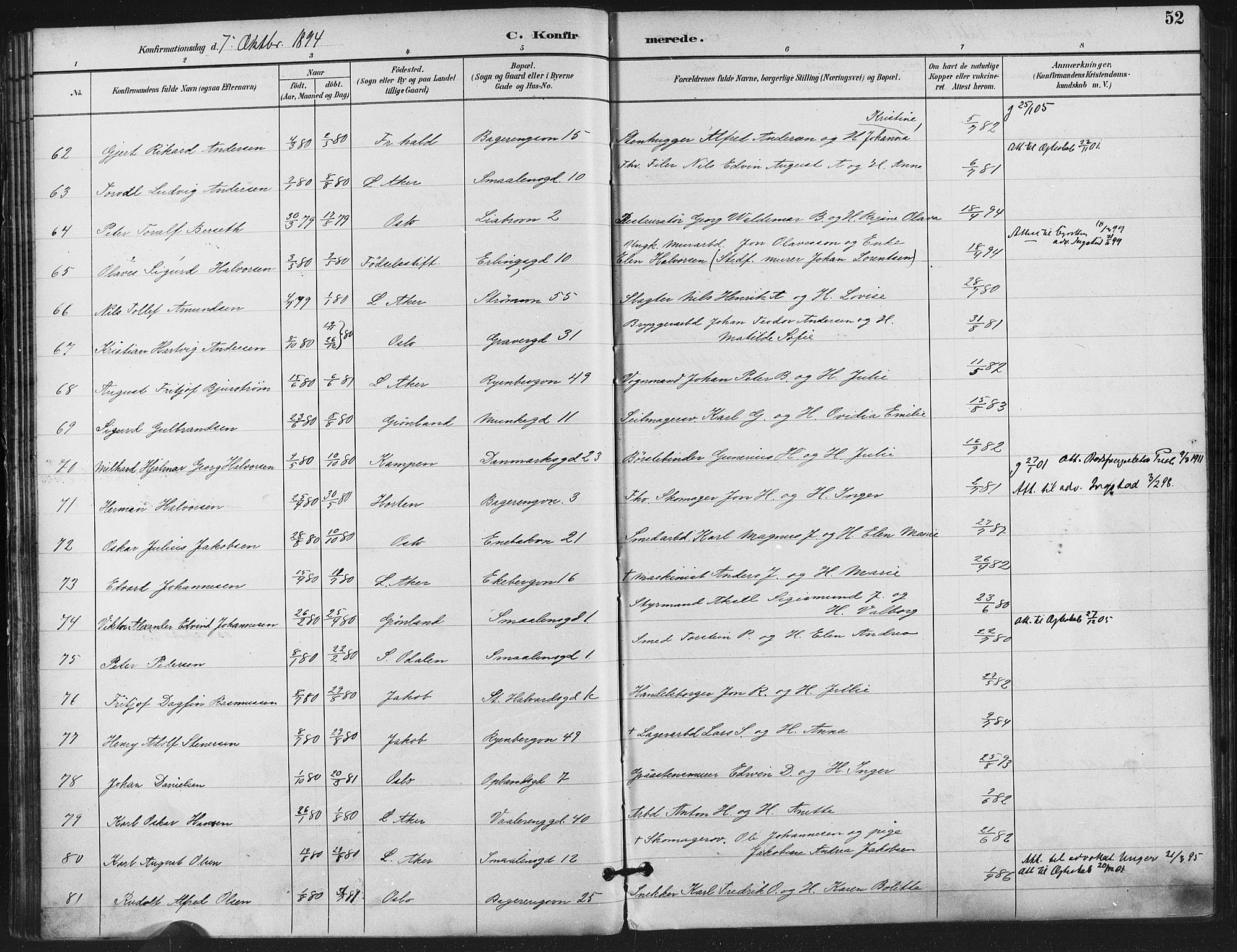 Gamlebyen prestekontor Kirkebøker, AV/SAO-A-10884/F/Fa/L0008: Parish register (official) no. 8, 1891-1908, p. 52