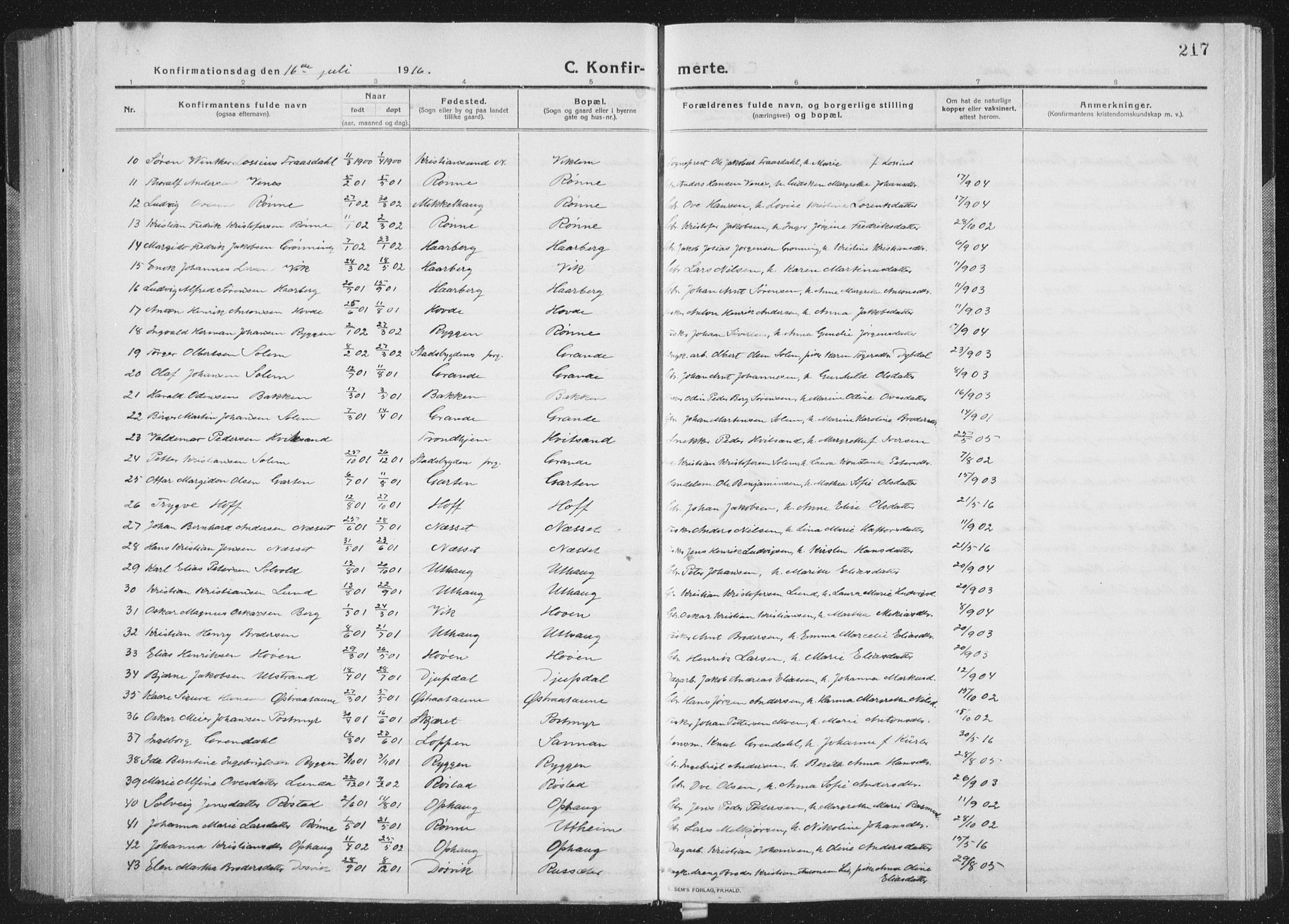 Ministerialprotokoller, klokkerbøker og fødselsregistre - Sør-Trøndelag, SAT/A-1456/659/L0747: Parish register (copy) no. 659C04, 1913-1938, p. 217