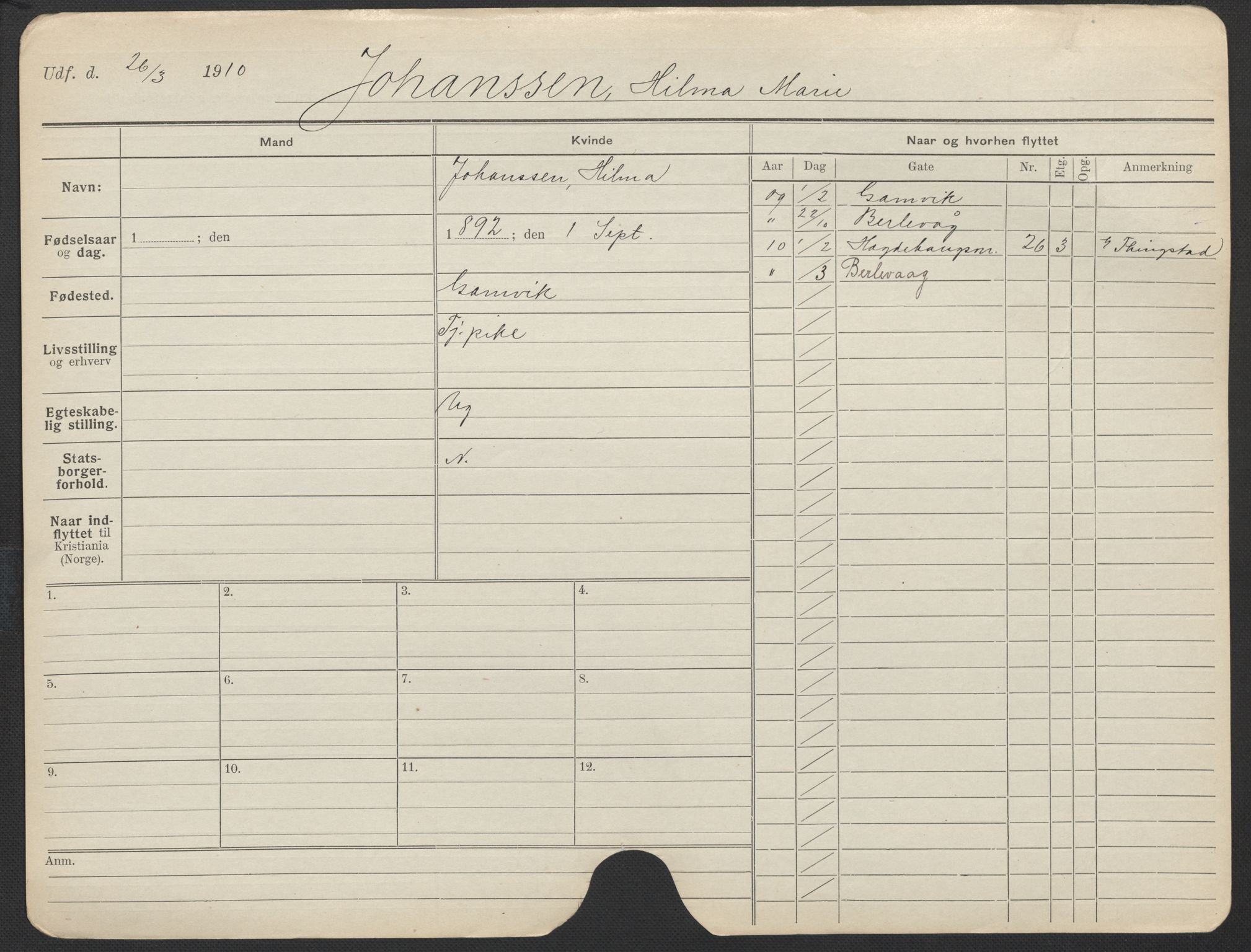 Oslo folkeregister, Registerkort, AV/SAO-A-11715/F/Fa/Fac/L0018: Kvinner, 1906-1914, p. 68a