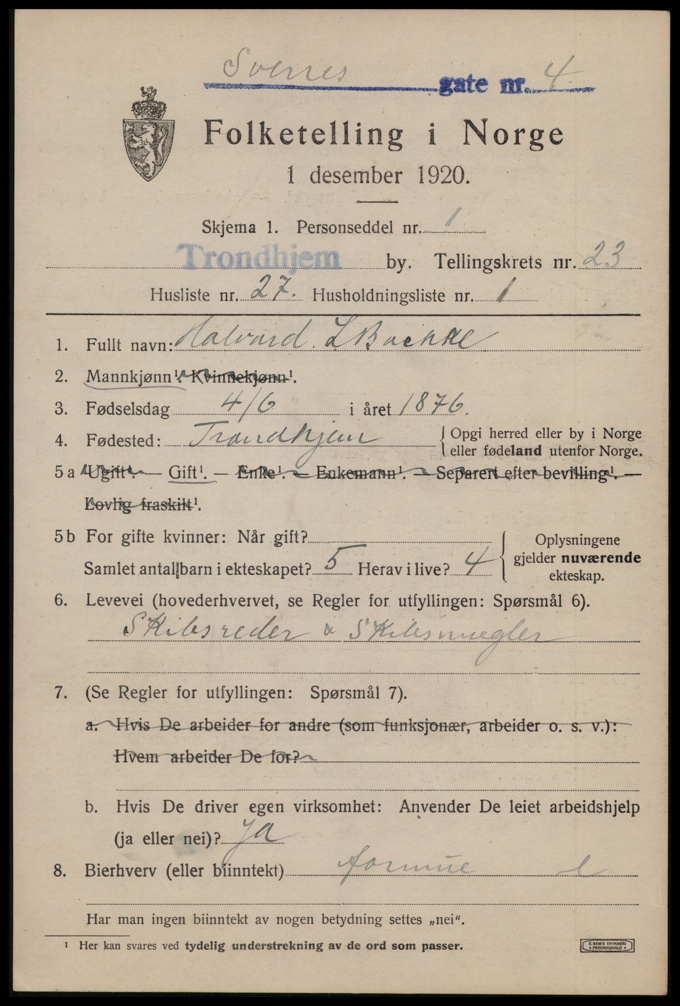 SAT, 1920 census for Trondheim, 1920, p. 65106