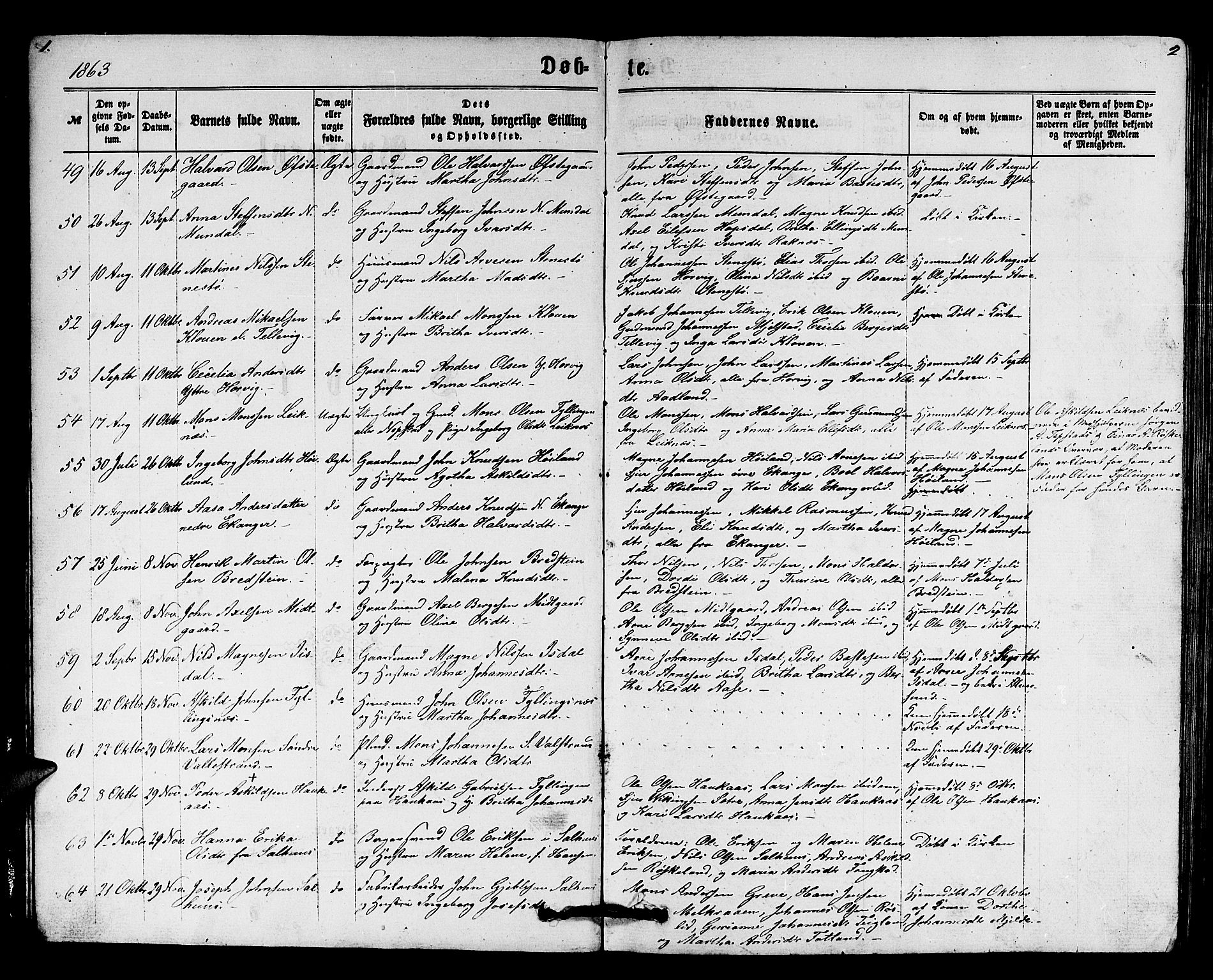 Hamre sokneprestembete, SAB/A-75501/H/Ha/Hab: Parish register (copy) no. B 2, 1863-1880, p. 1-2