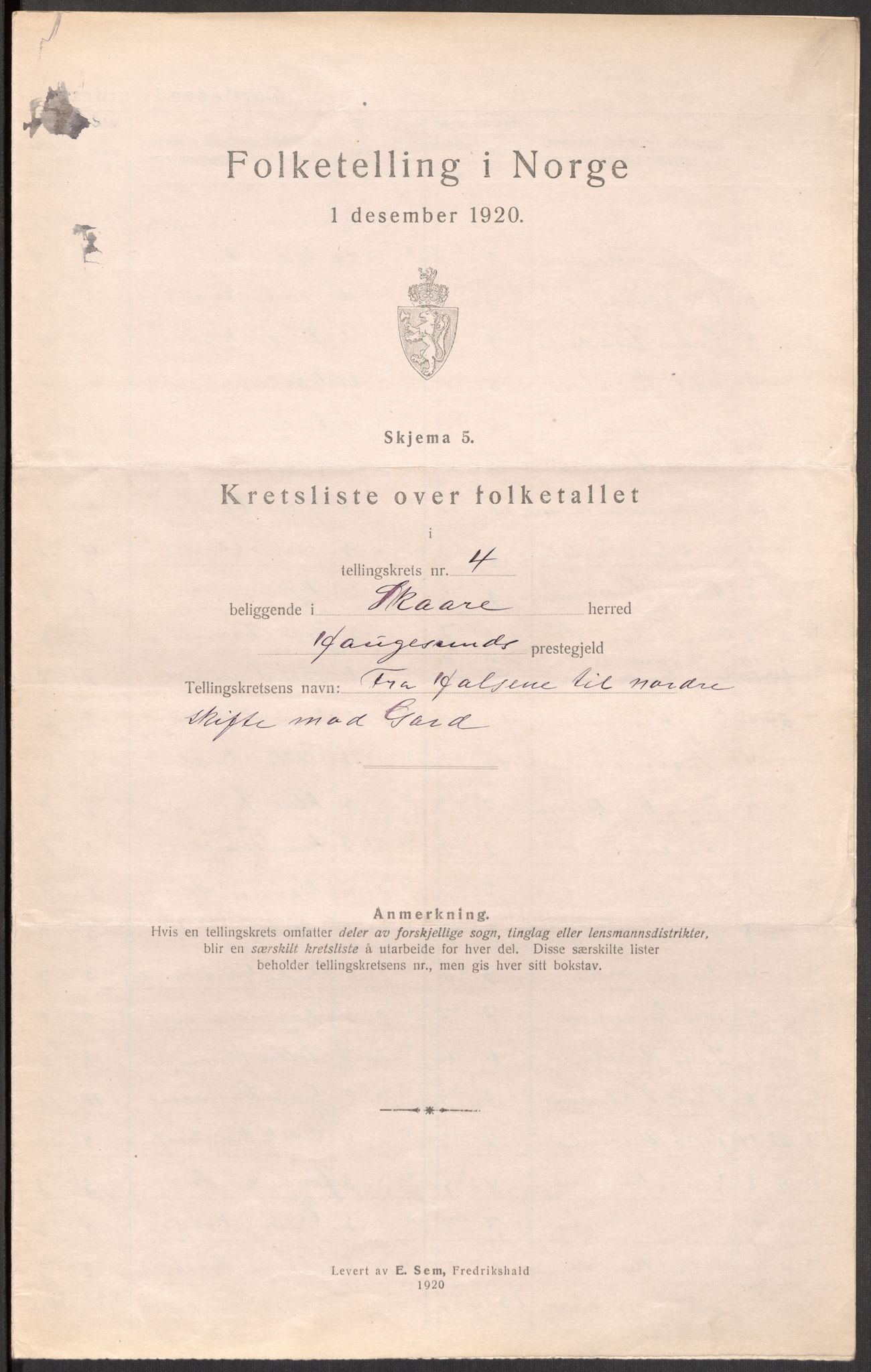 SAST, 1920 census for Skåre, 1920, p. 20