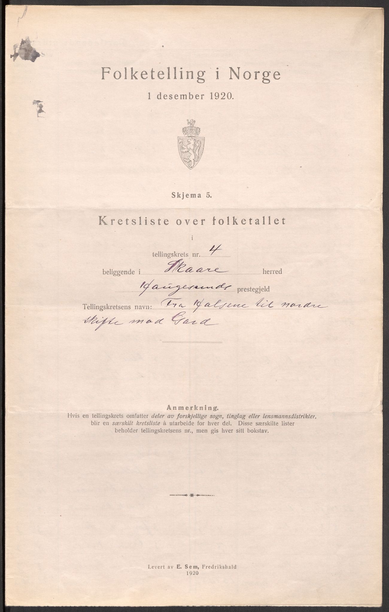 SAST, 1920 census for Skåre, 1920, p. 20