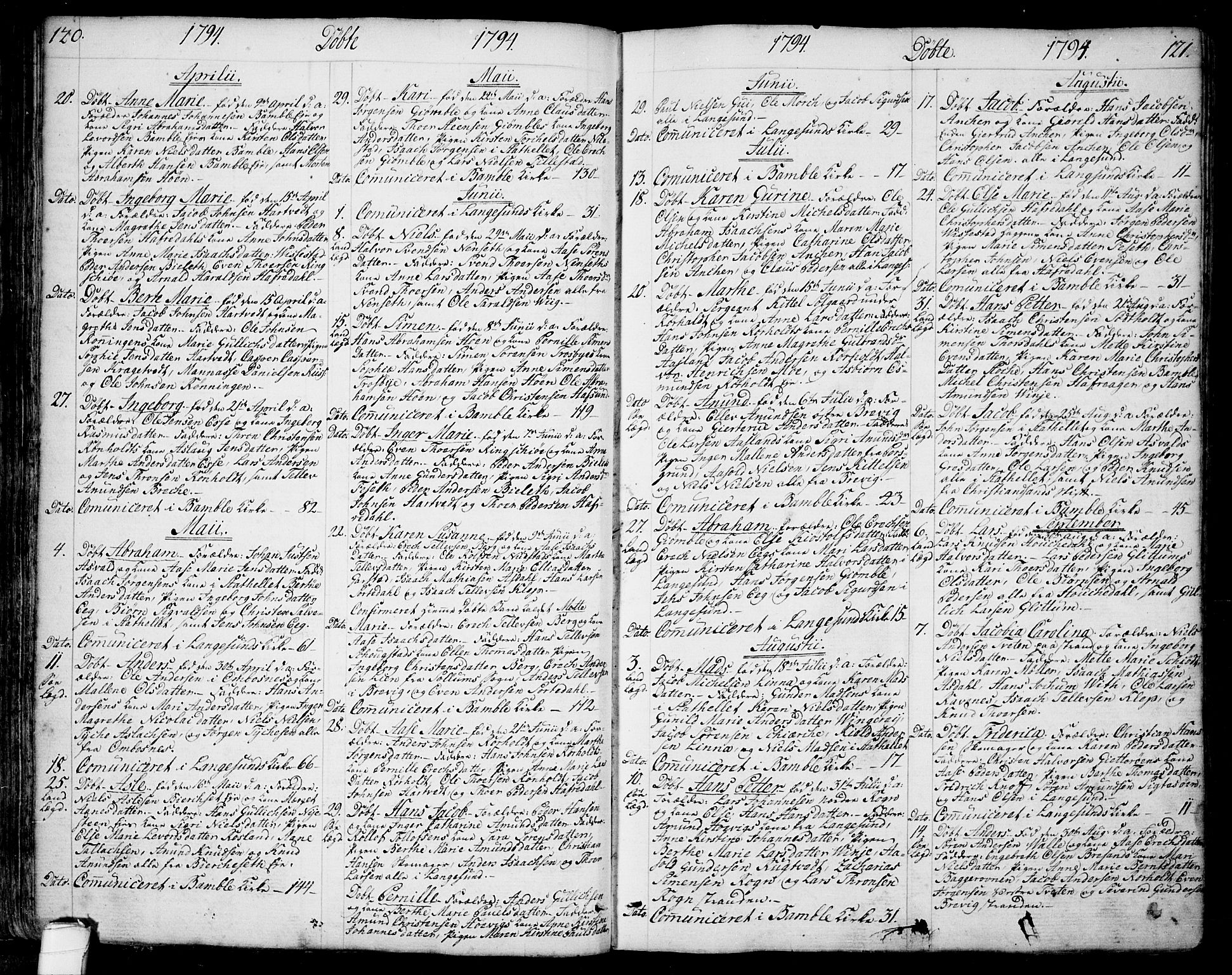 Bamble kirkebøker, SAKO/A-253/F/Fa/L0002: Parish register (official) no. I 2, 1775-1814, p. 120-121