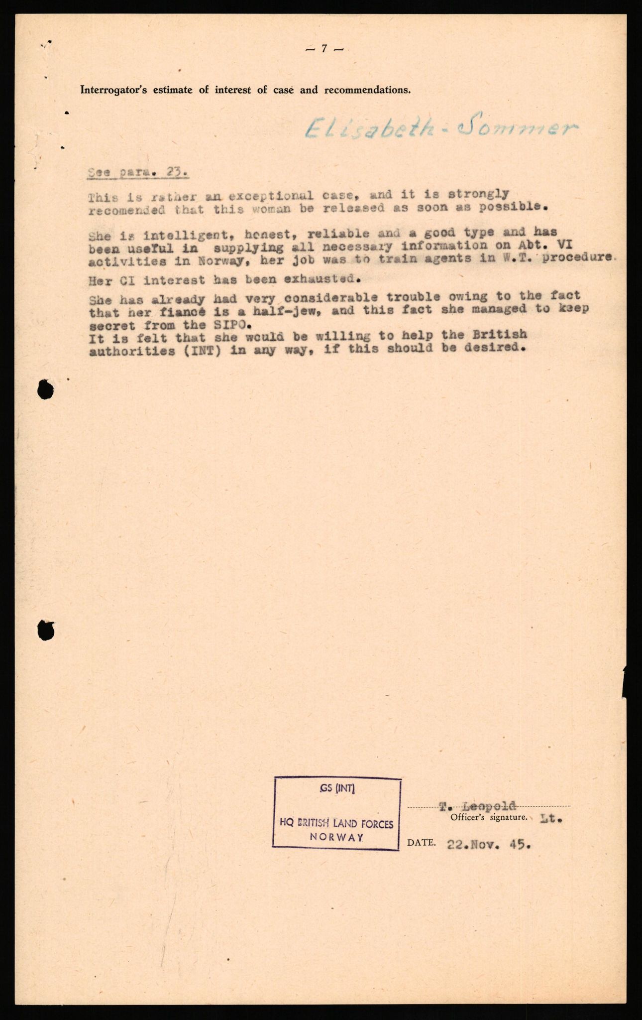 Forsvaret, Forsvarets overkommando II, AV/RA-RAFA-3915/D/Db/L0032: CI Questionaires. Tyske okkupasjonsstyrker i Norge. Tyskere., 1945-1946, p. 166