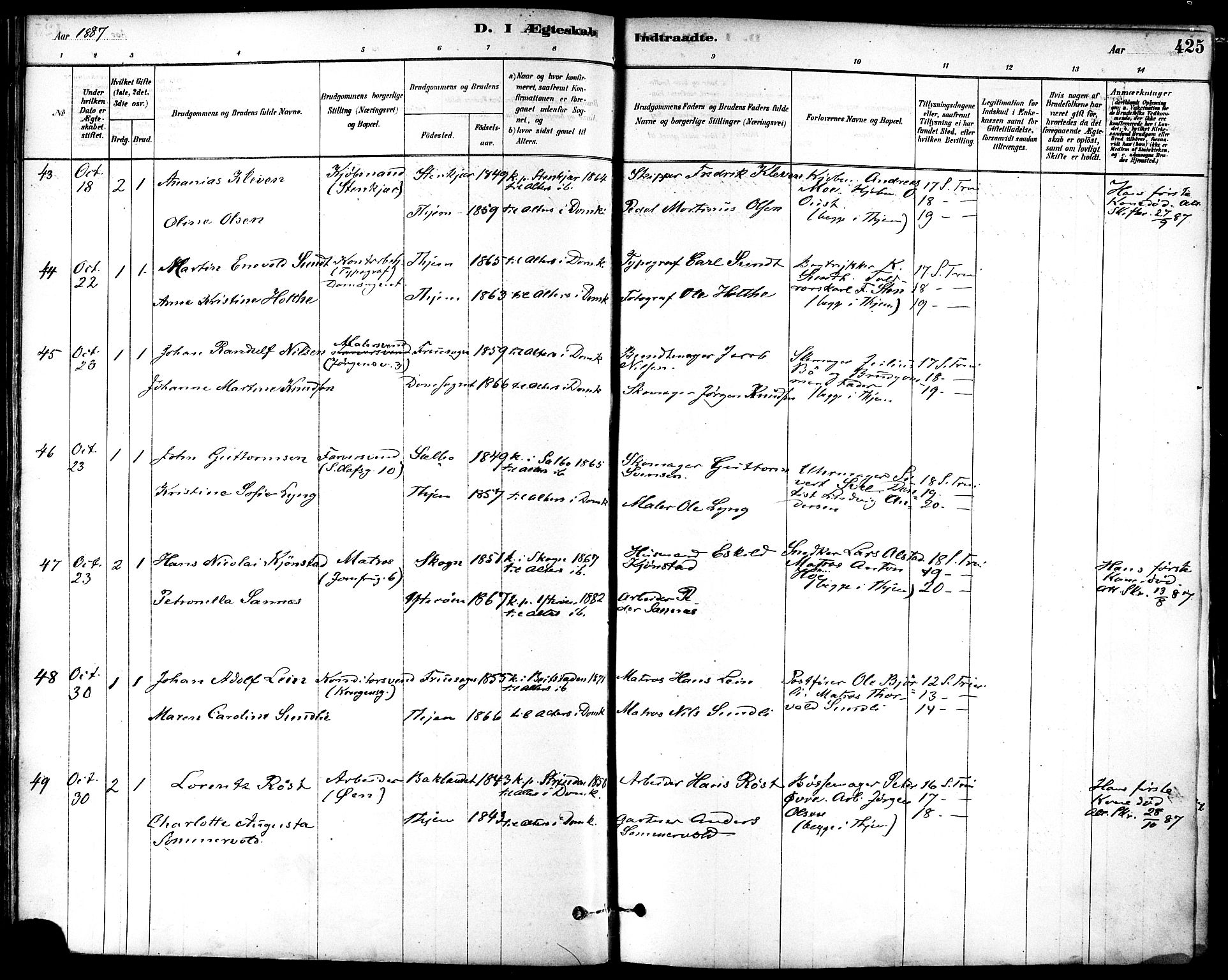 Ministerialprotokoller, klokkerbøker og fødselsregistre - Sør-Trøndelag, AV/SAT-A-1456/601/L0058: Parish register (official) no. 601A26, 1877-1891, p. 425