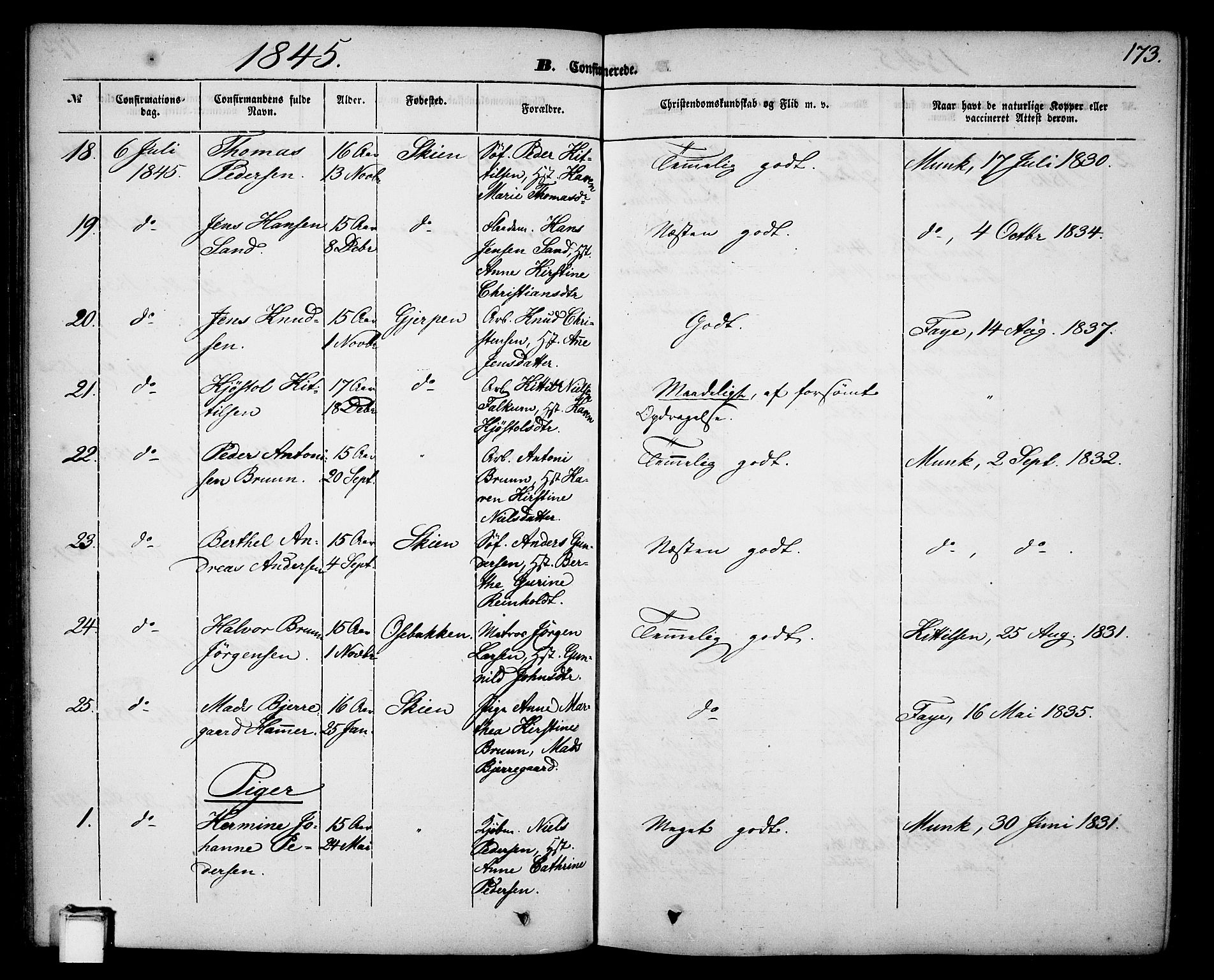 Skien kirkebøker, AV/SAKO-A-302/G/Ga/L0004: Parish register (copy) no. 4, 1843-1867, p. 173