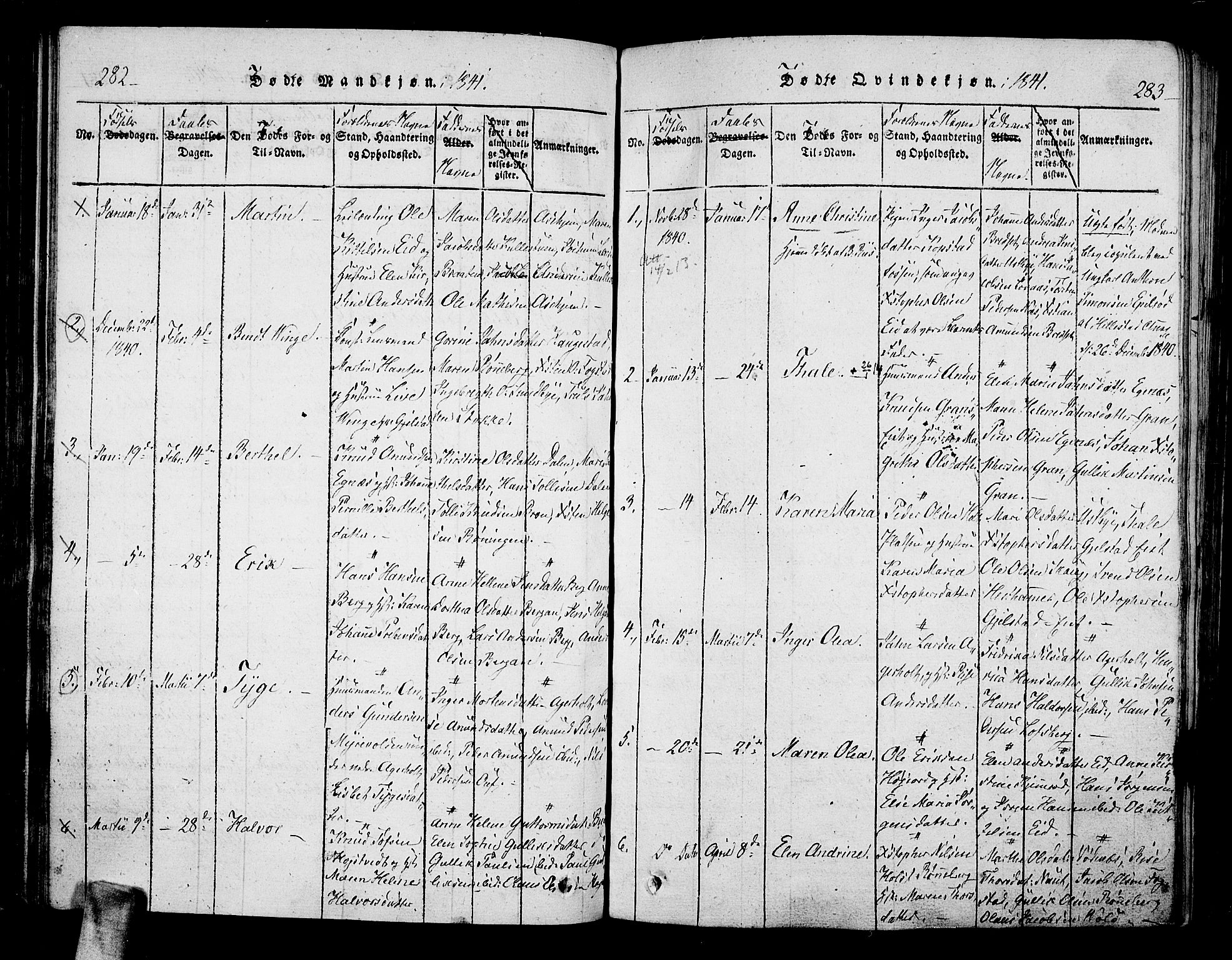 Hof kirkebøker, SAKO/A-64/F/Fa/L0004: Parish register (official) no. I 4, 1814-1843, p. 282-283